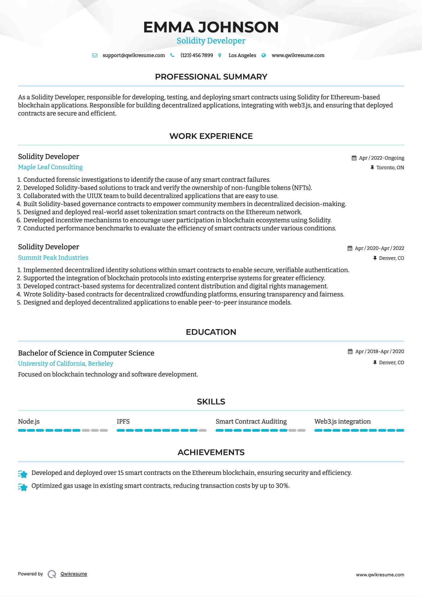 Solidity Developer Resume Example