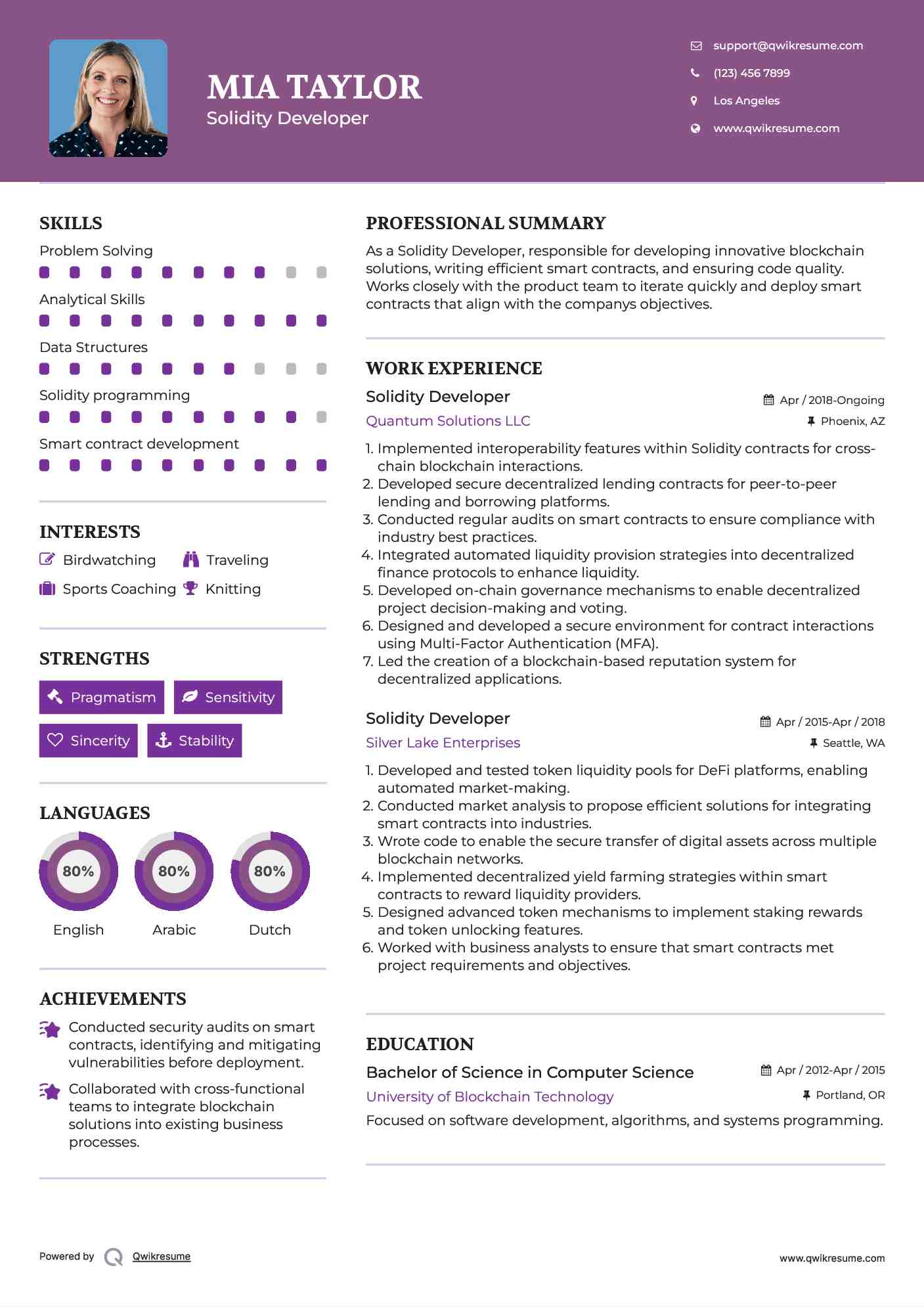 Solidity Developer Resume Sample