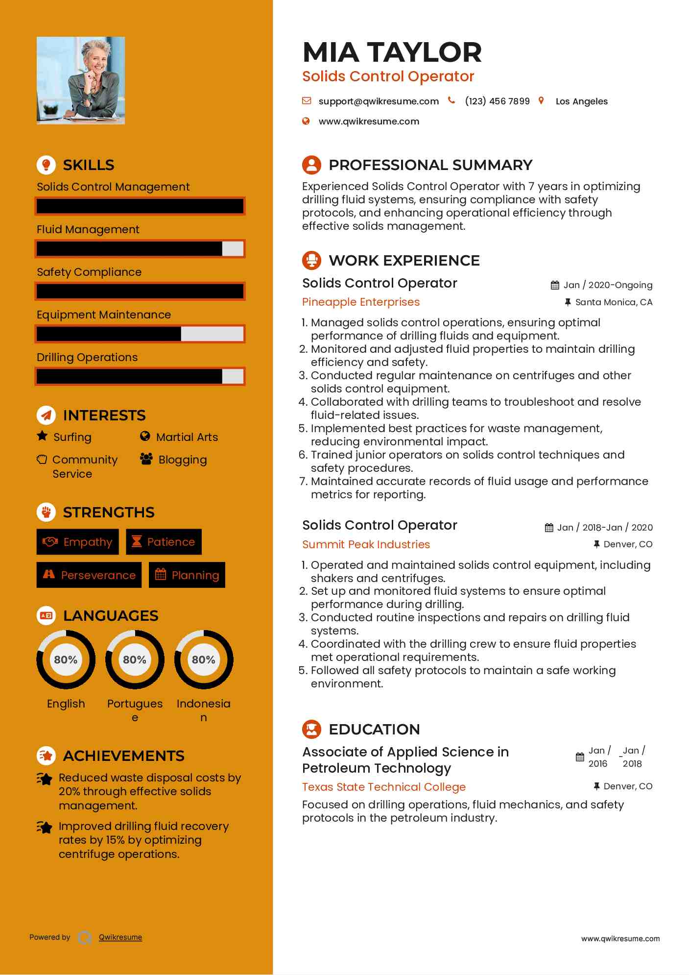 Solids Control Operator Resume Sample