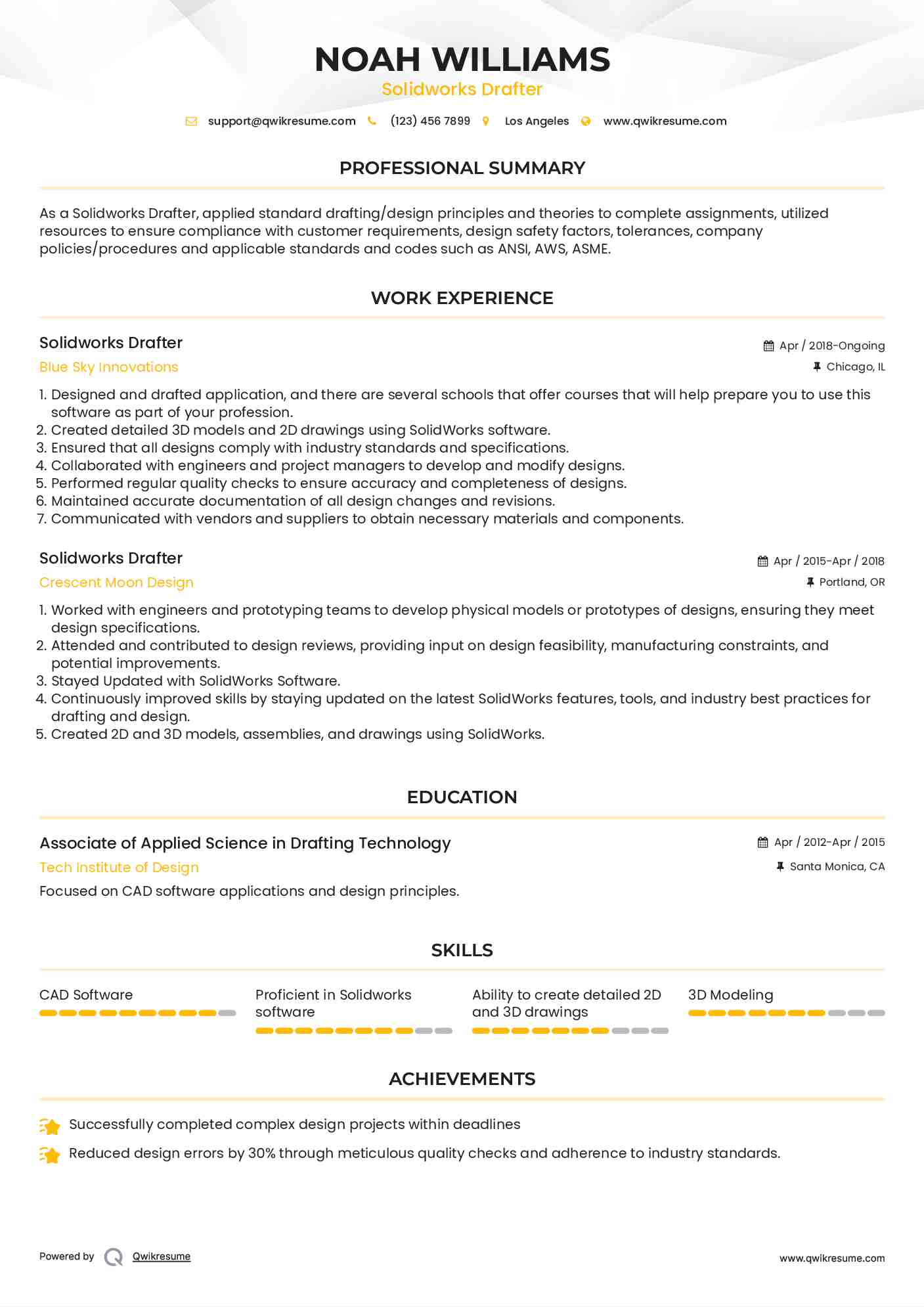 Solidworks Drafter Resume Model