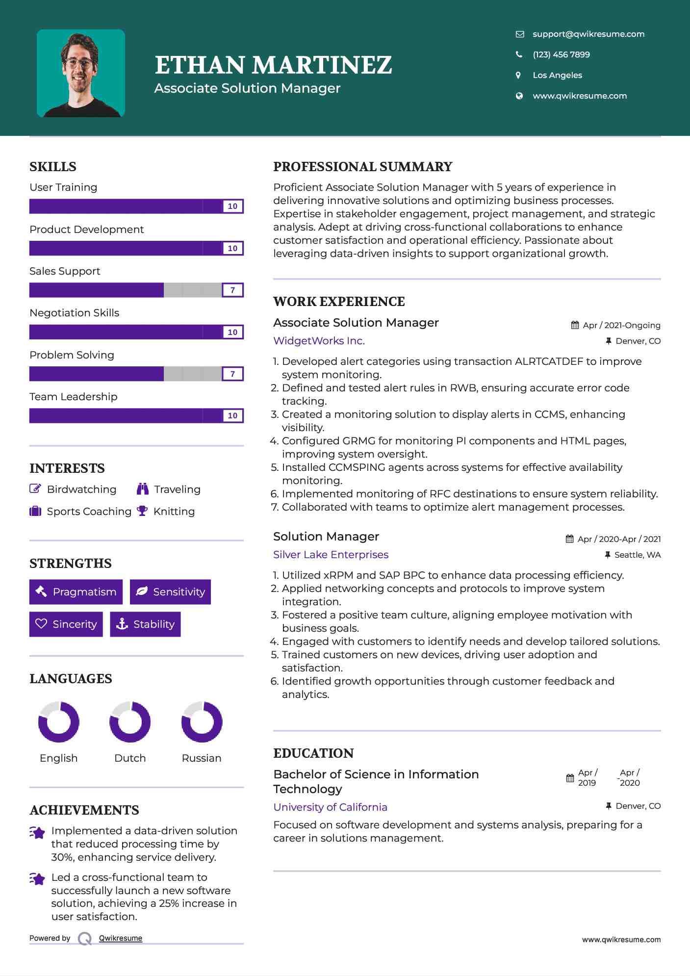 Associate Solution Manager Resume Example