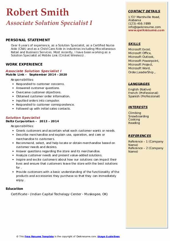 Solution Specialist Resume Samples QwikResume