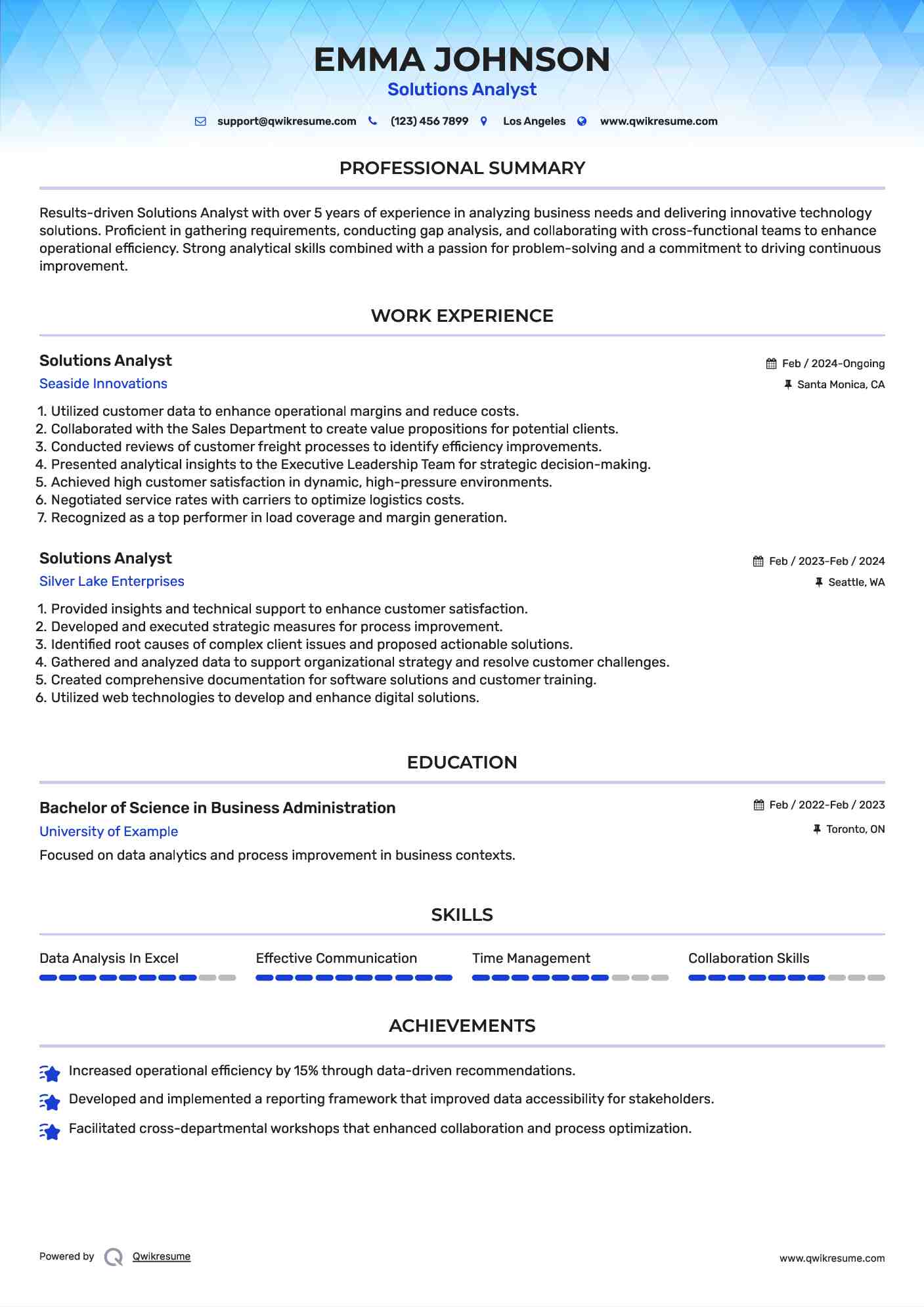 Solutions Analyst Resume Example