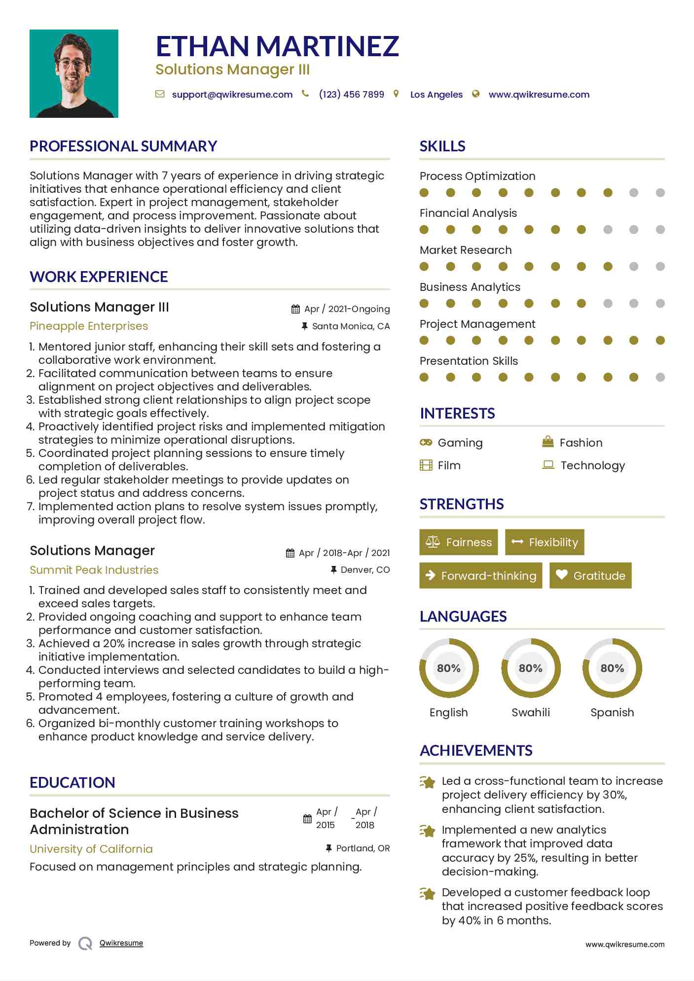 Solutions Manager III Resume Sample