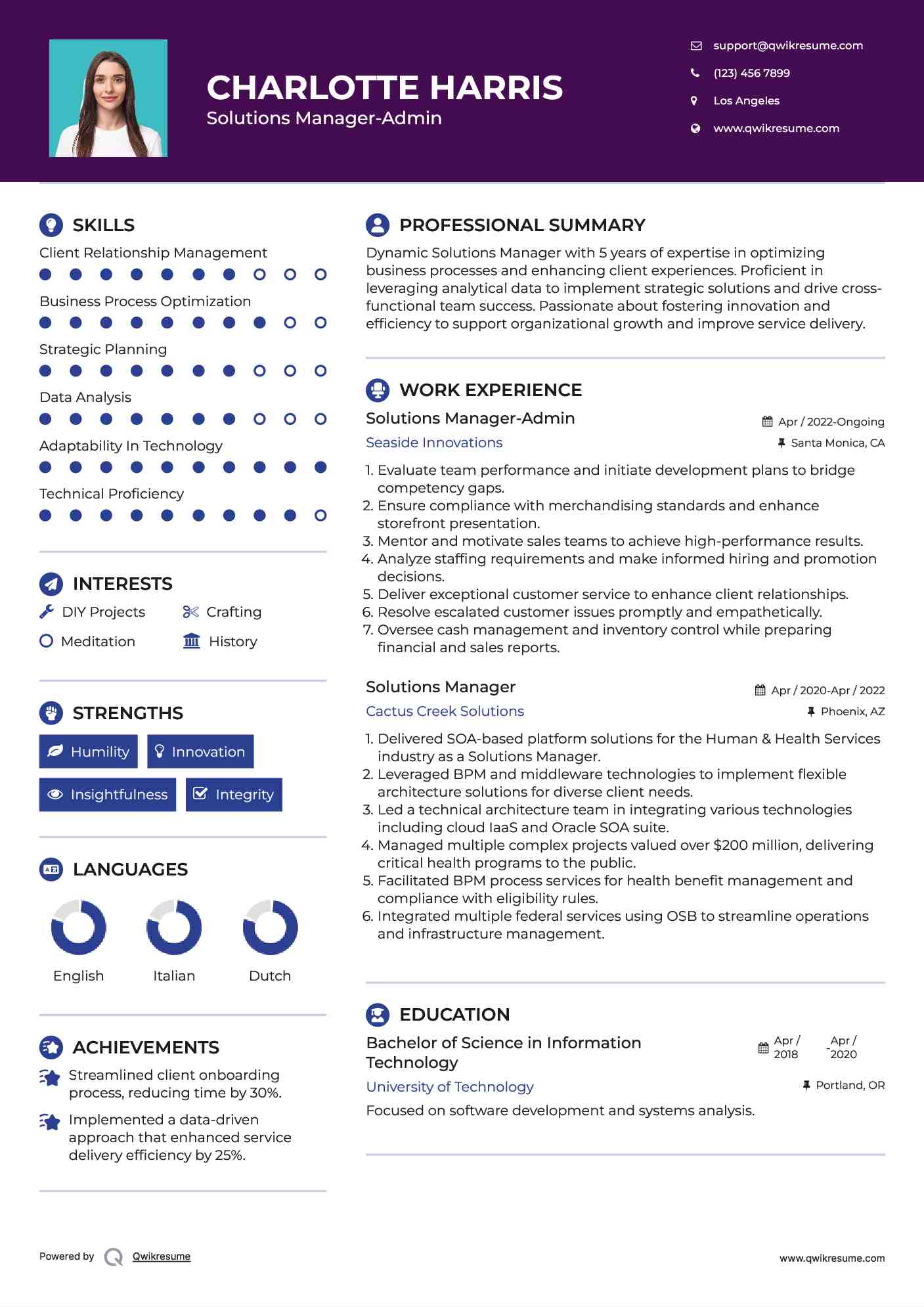 Solutions Manager-Admin Resume Template
