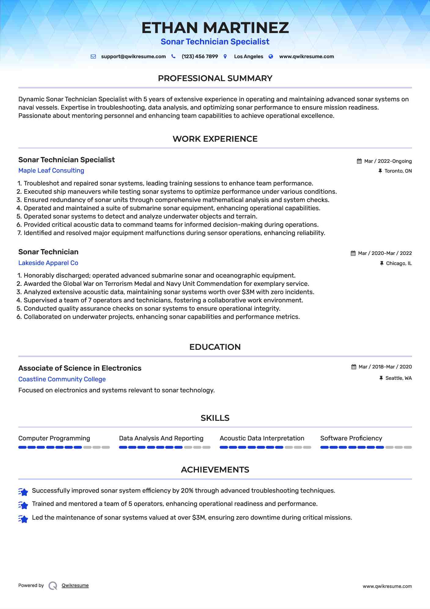 Sonar Technician Specialist Resume Model