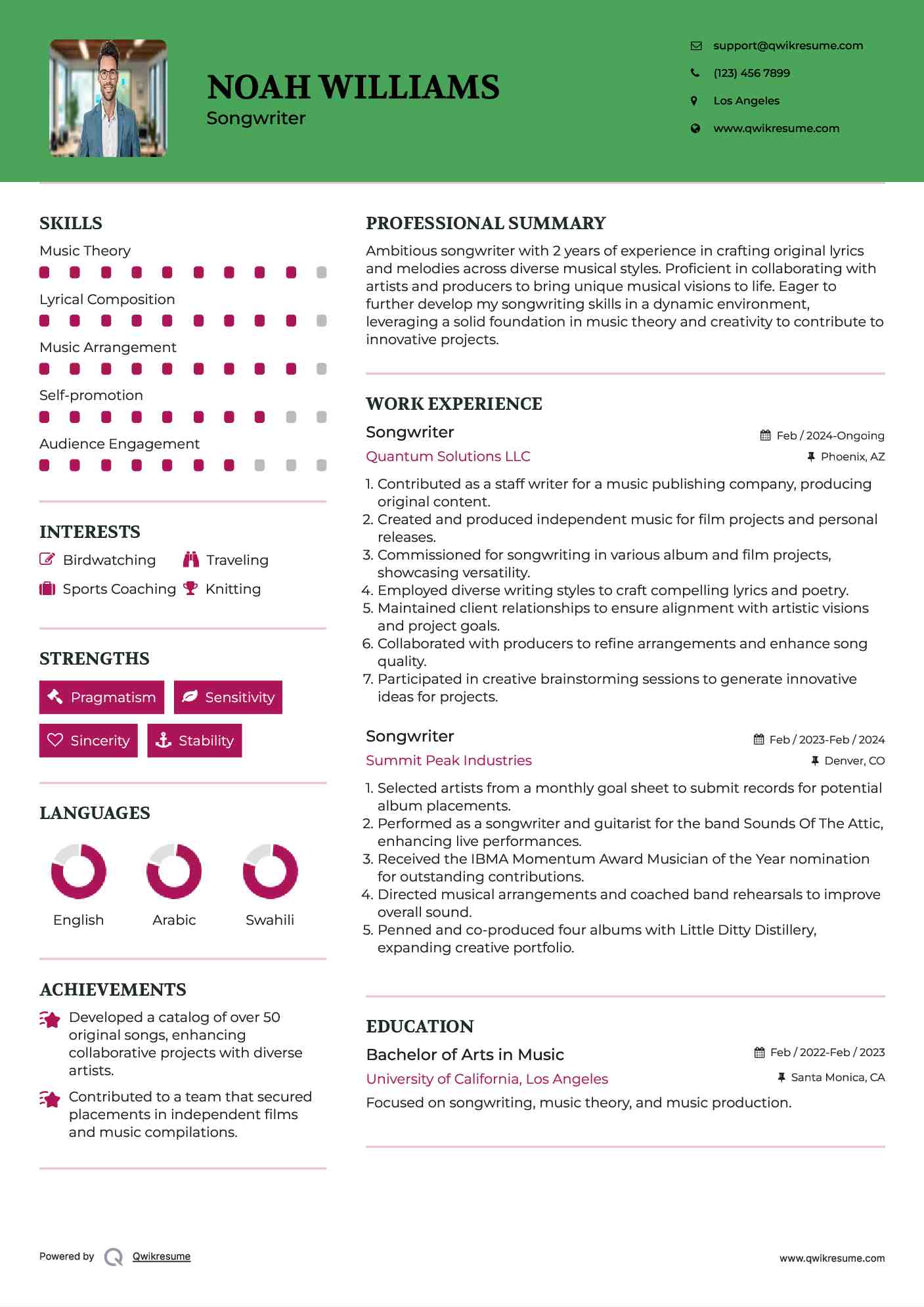 Songwriter Resume Samples Qwikresume