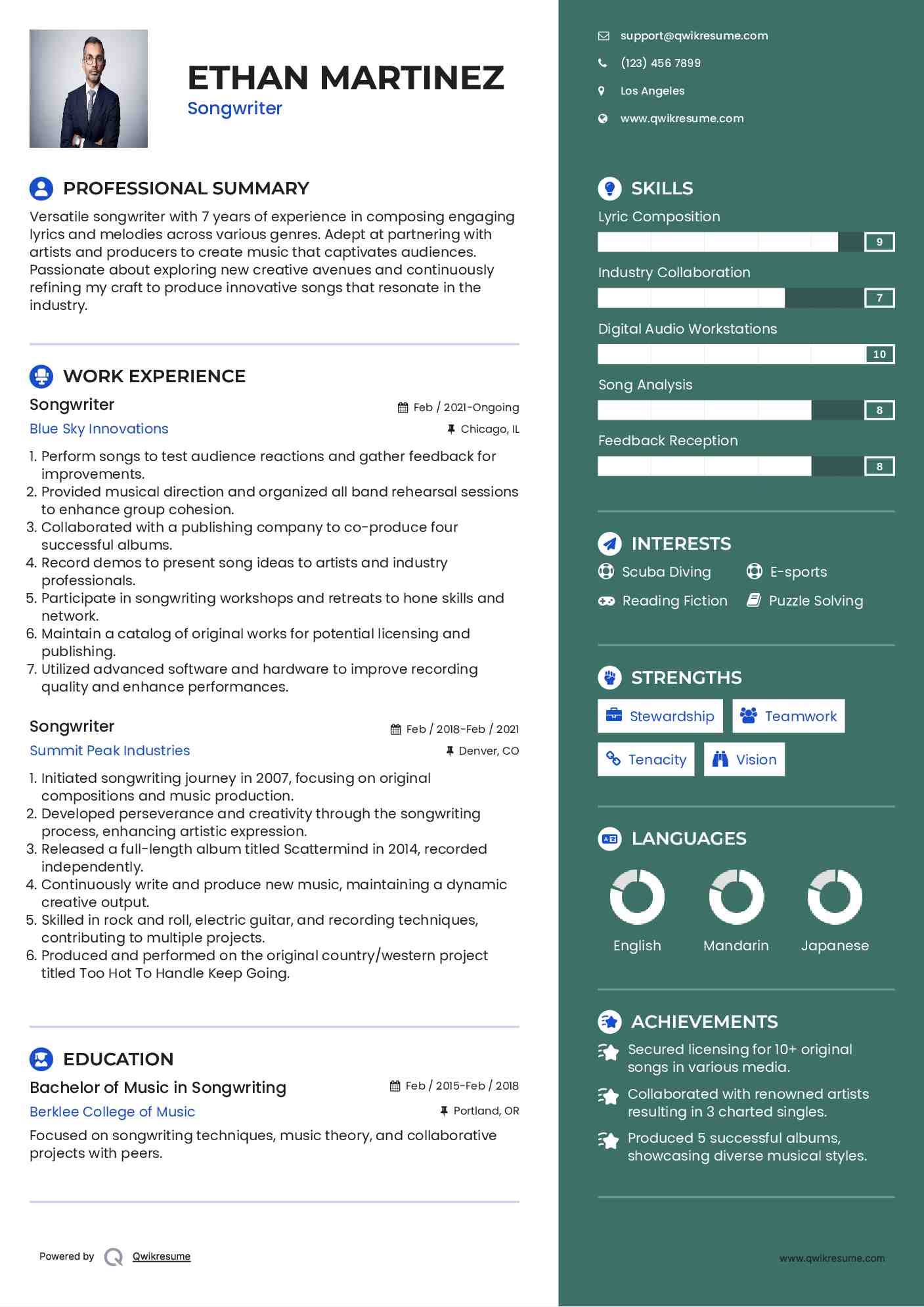 Songwriter Resume Format