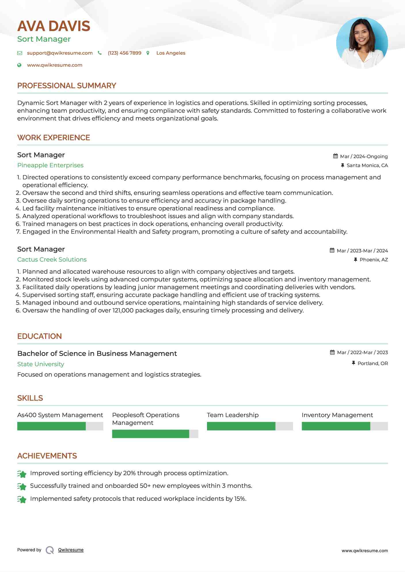 Sort Manager Resume Template