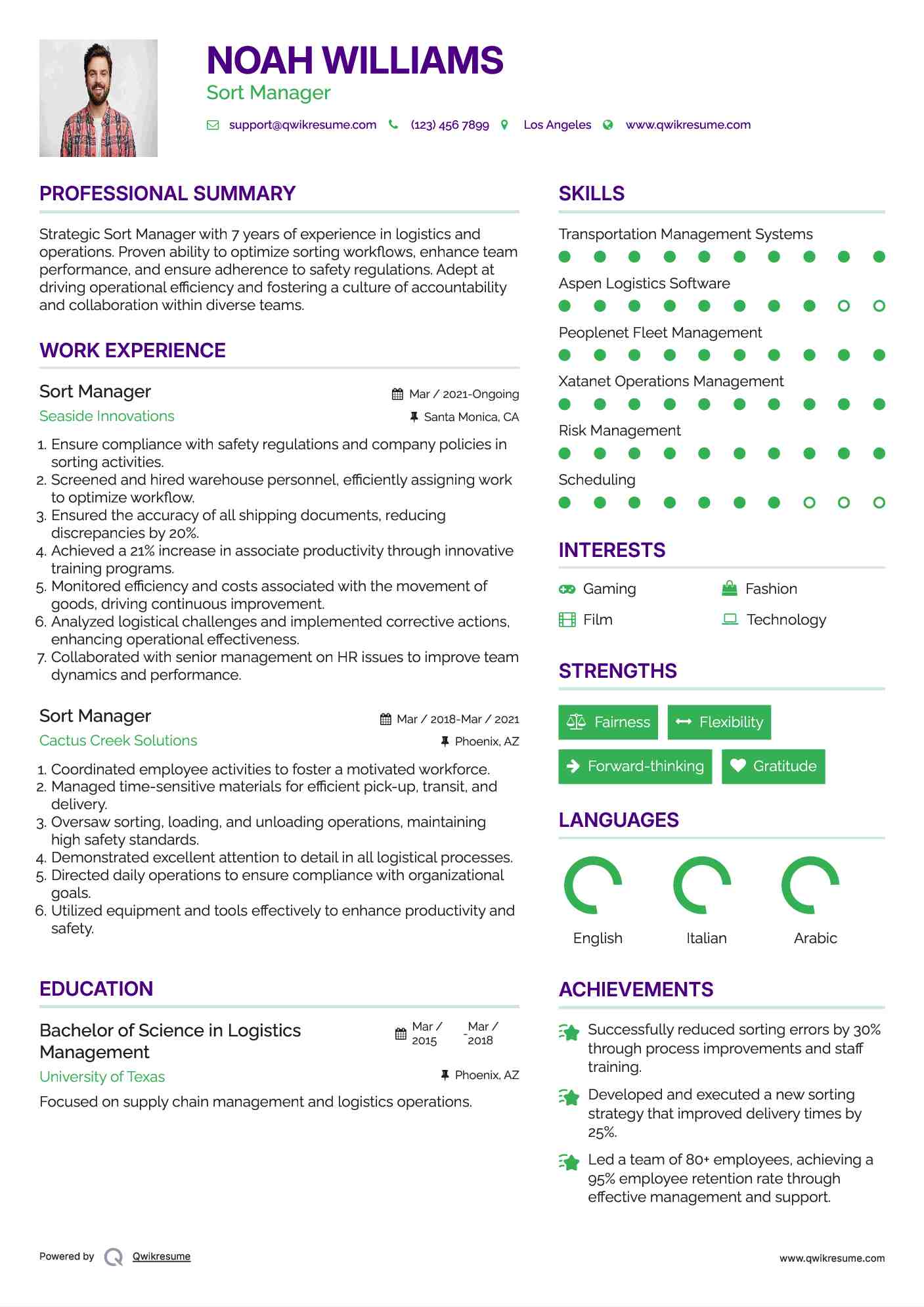 Sort Manager Resume Sample