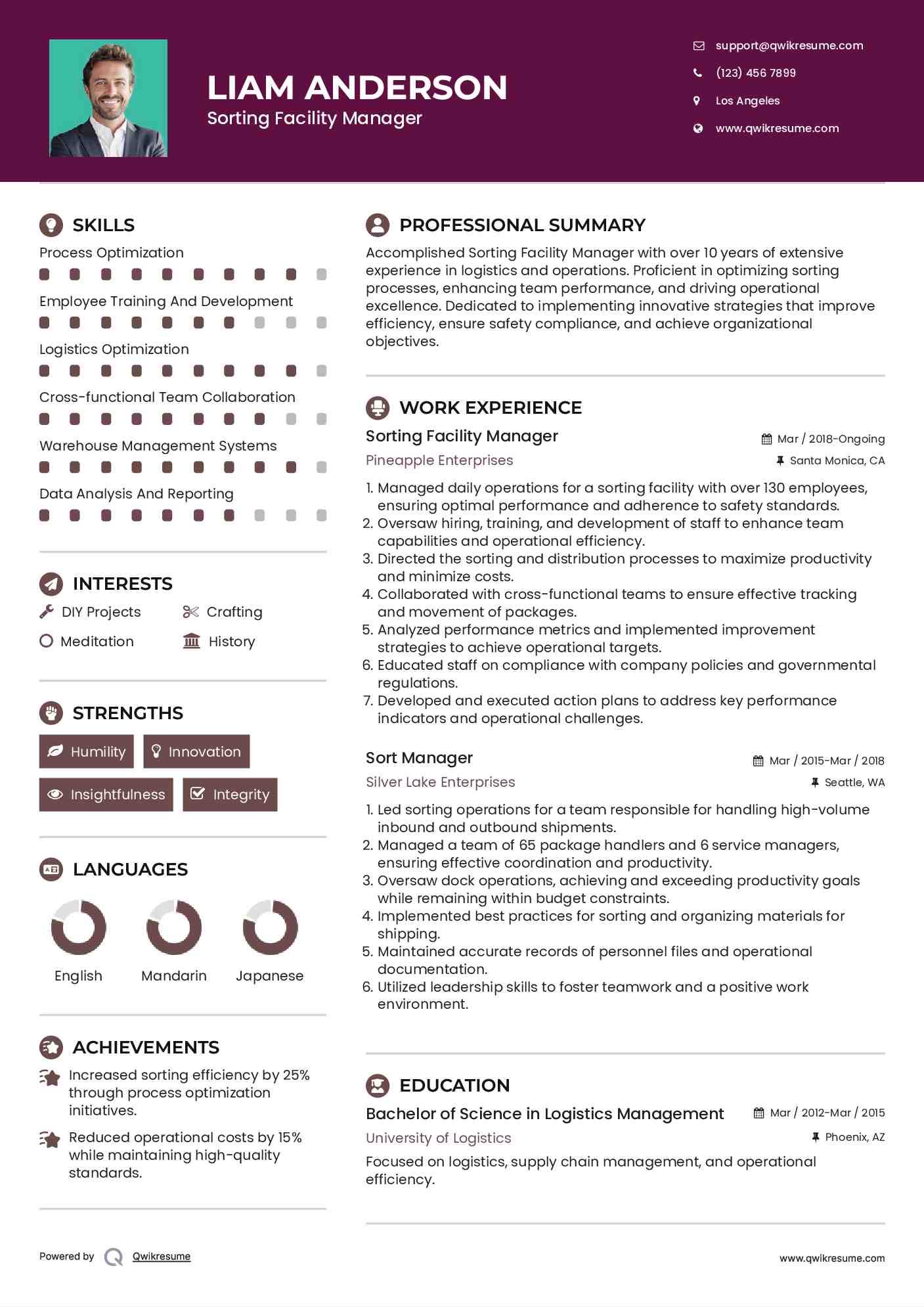 Sorting Facility Manager Resume Example