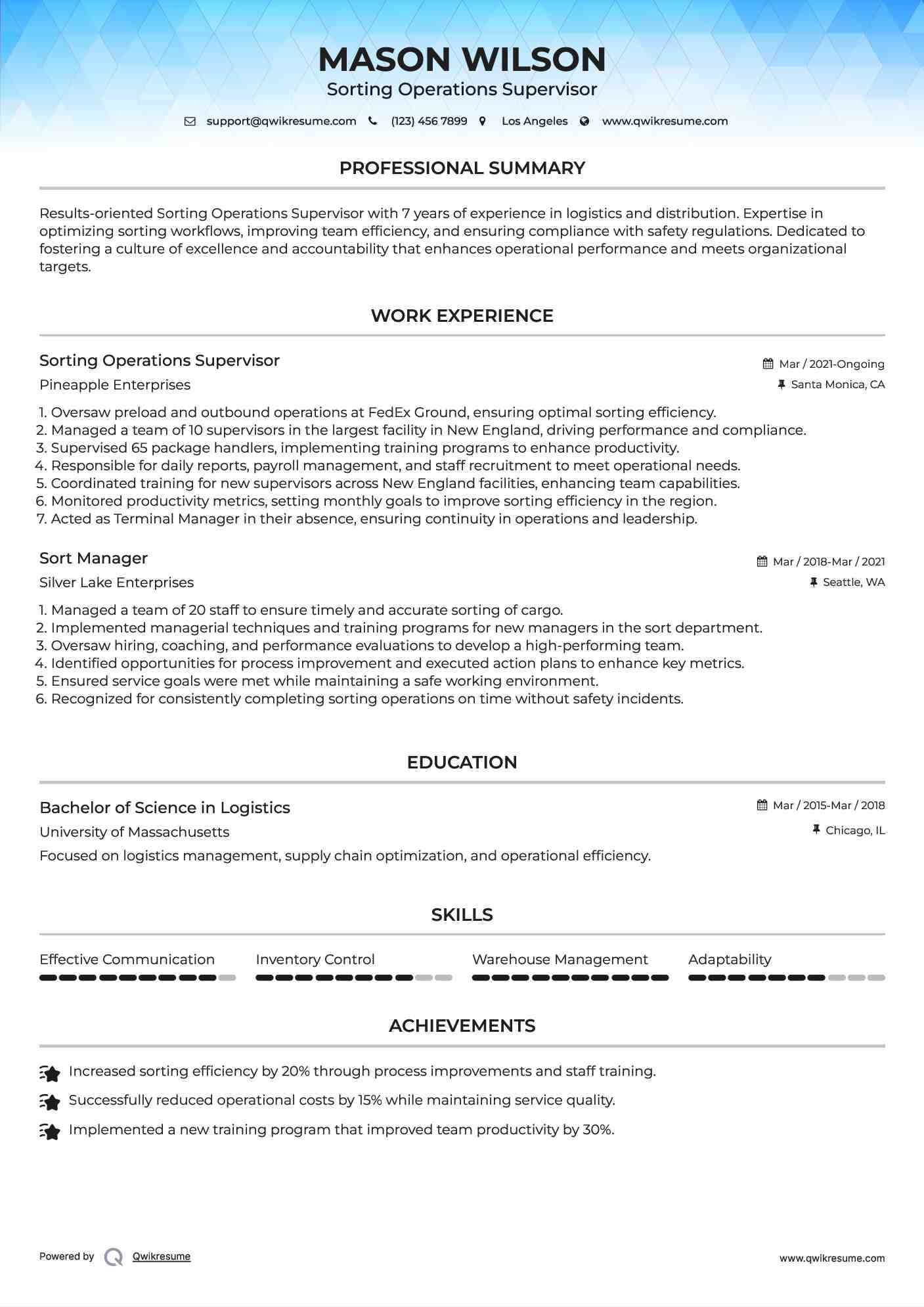 Sorting Operations Supervisor Resume Format