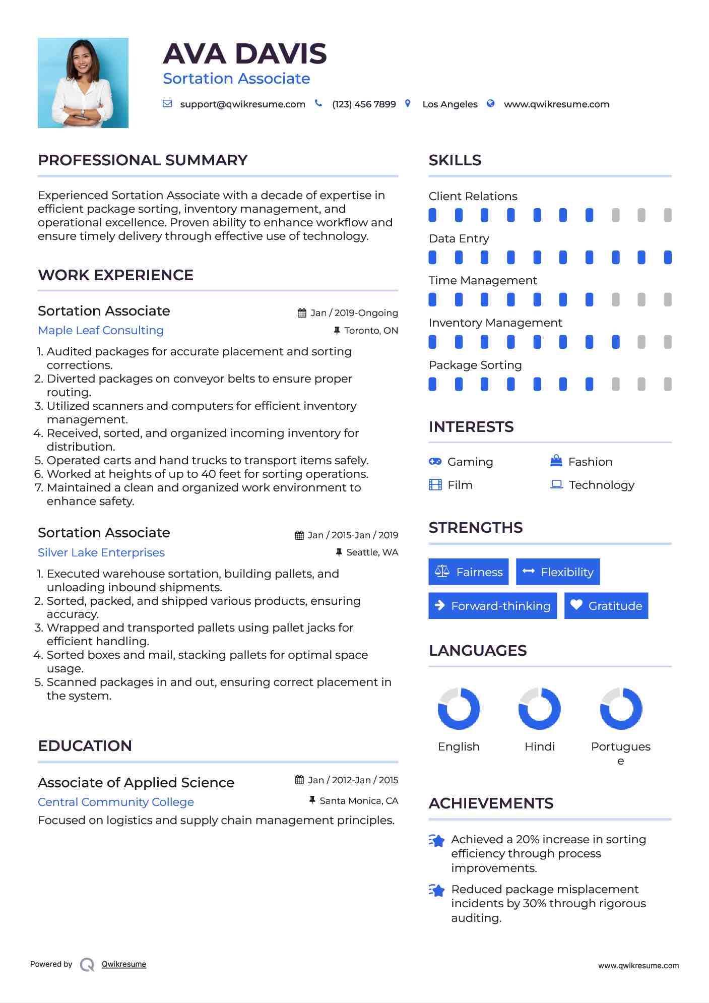 Sortation Associate Resume Sample