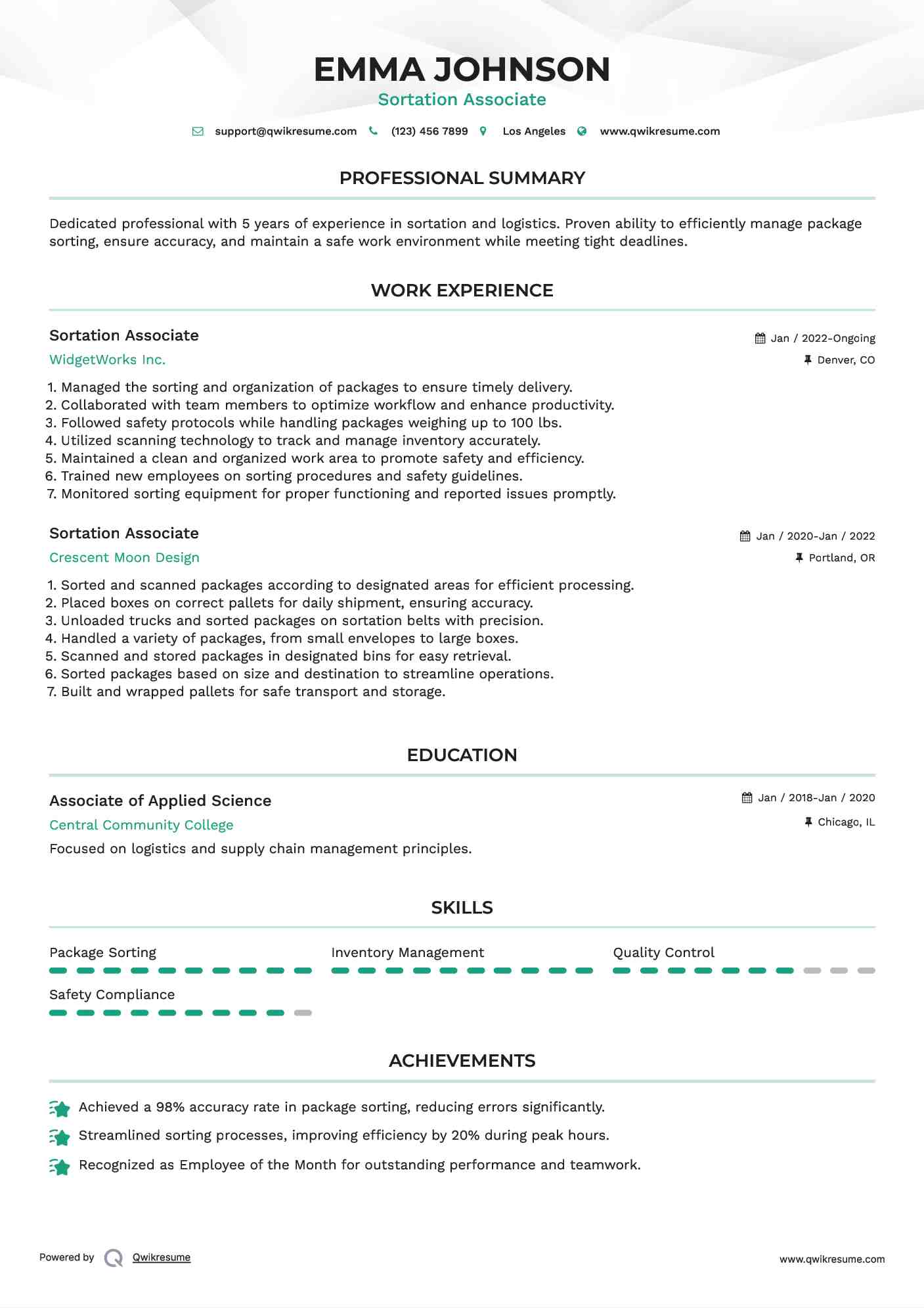 Sortation Associate Resume Model