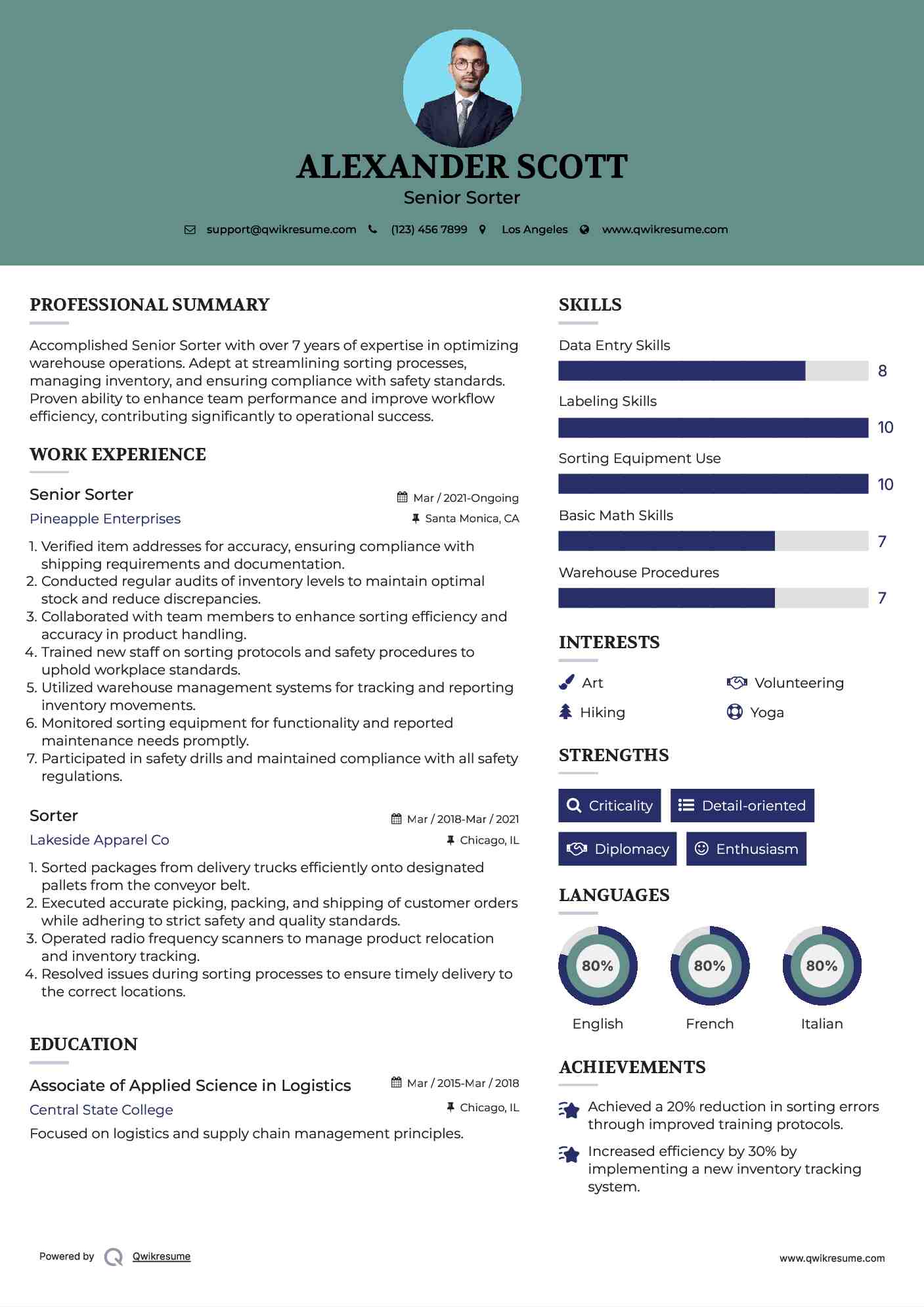 Senior Sorter Resume Sample