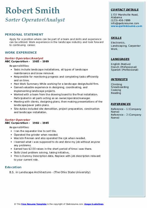 Sorter Operator Resume Samples QwikResume
