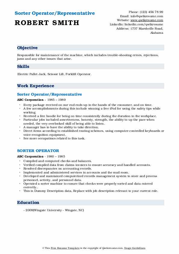 Sorter Operator Resume Samples QwikResume