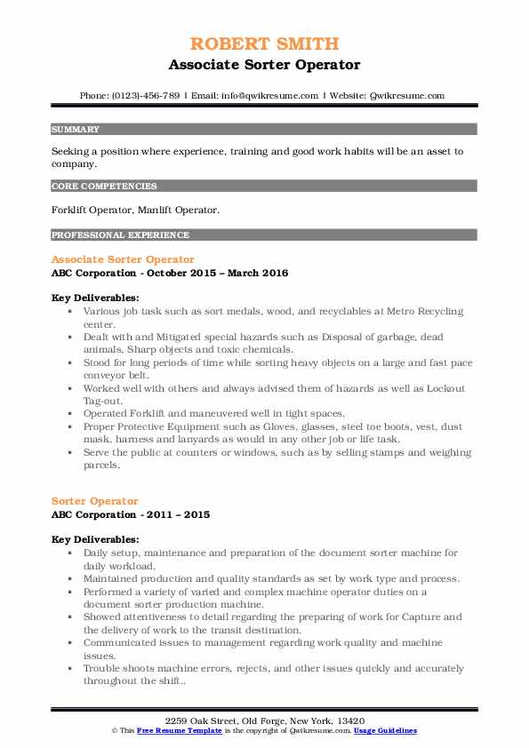Sorter Operator Resume Samples QwikResume