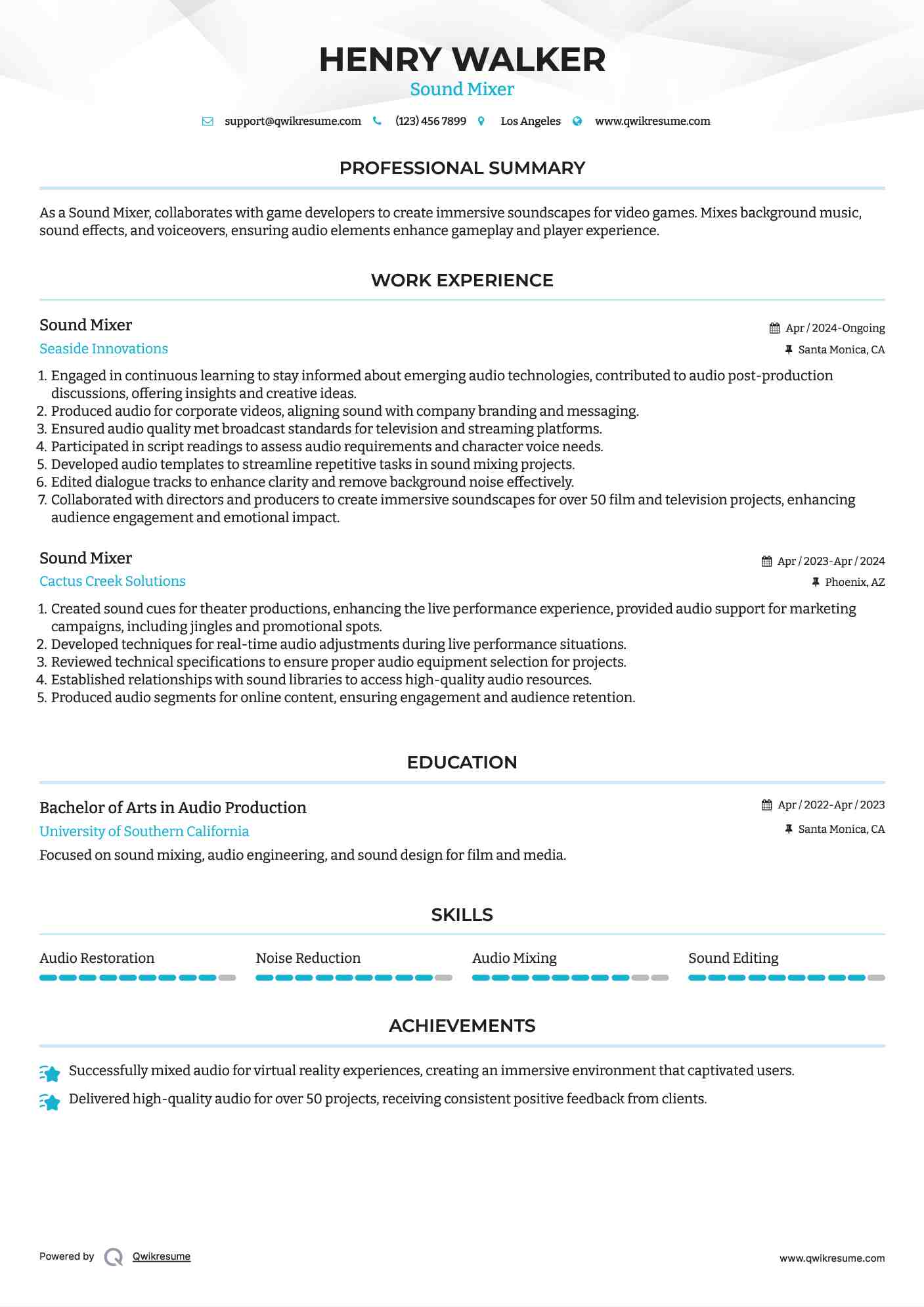 Sound Mixer Resume Sample