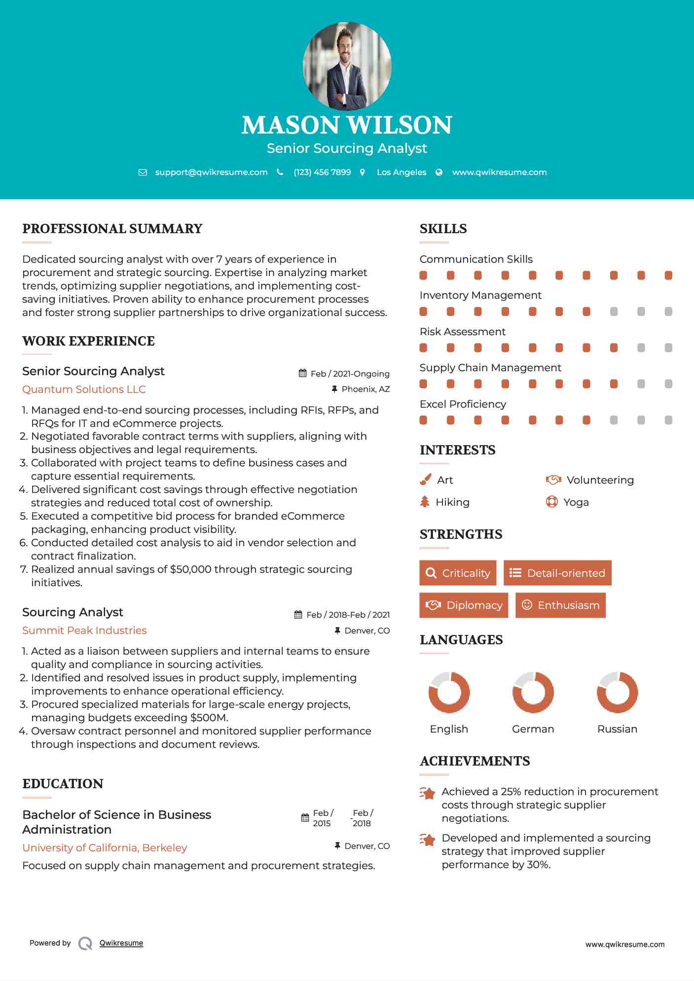 Senior Sourcing Analyst Resume Example