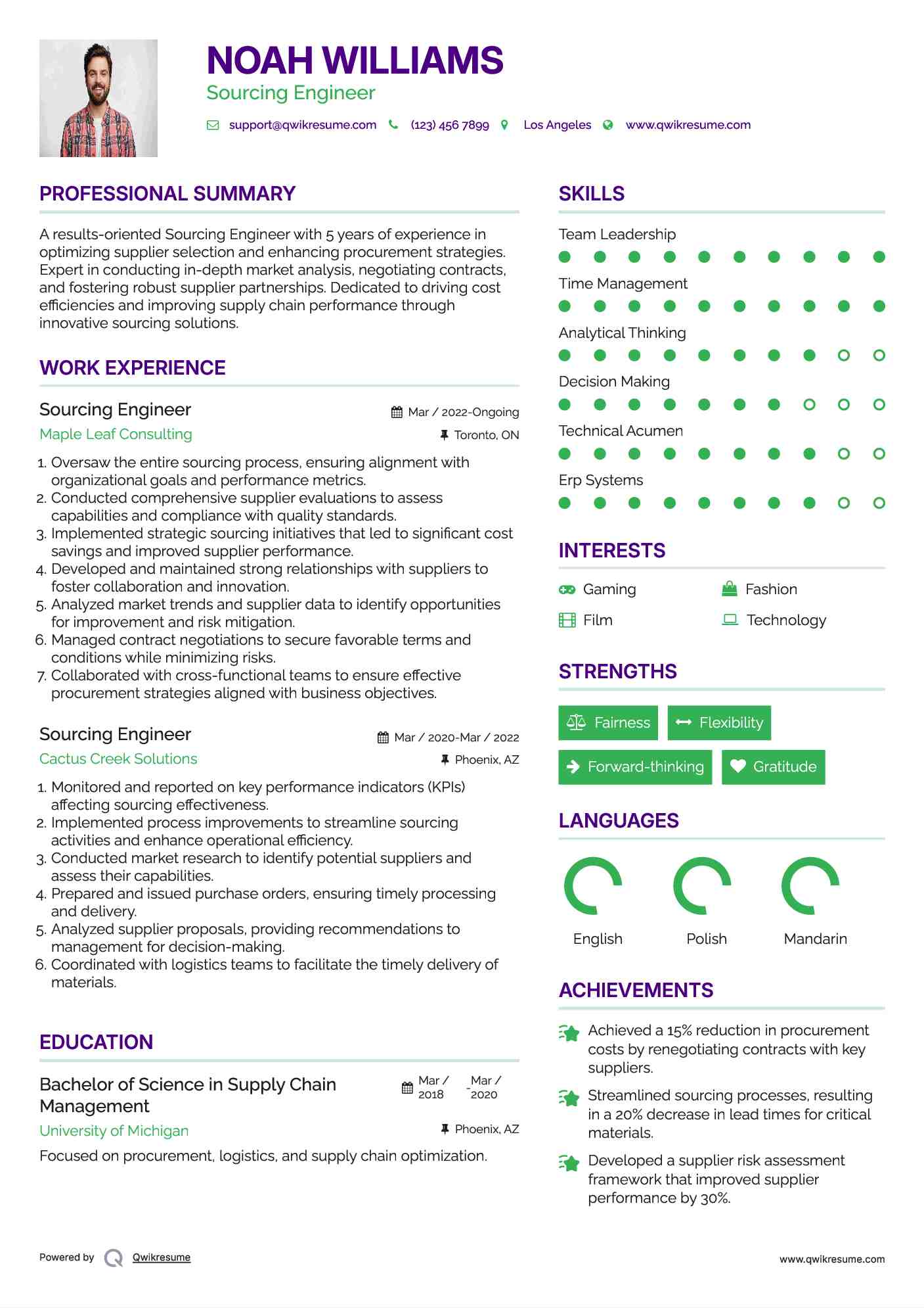 Sourcing Engineer Resume Example