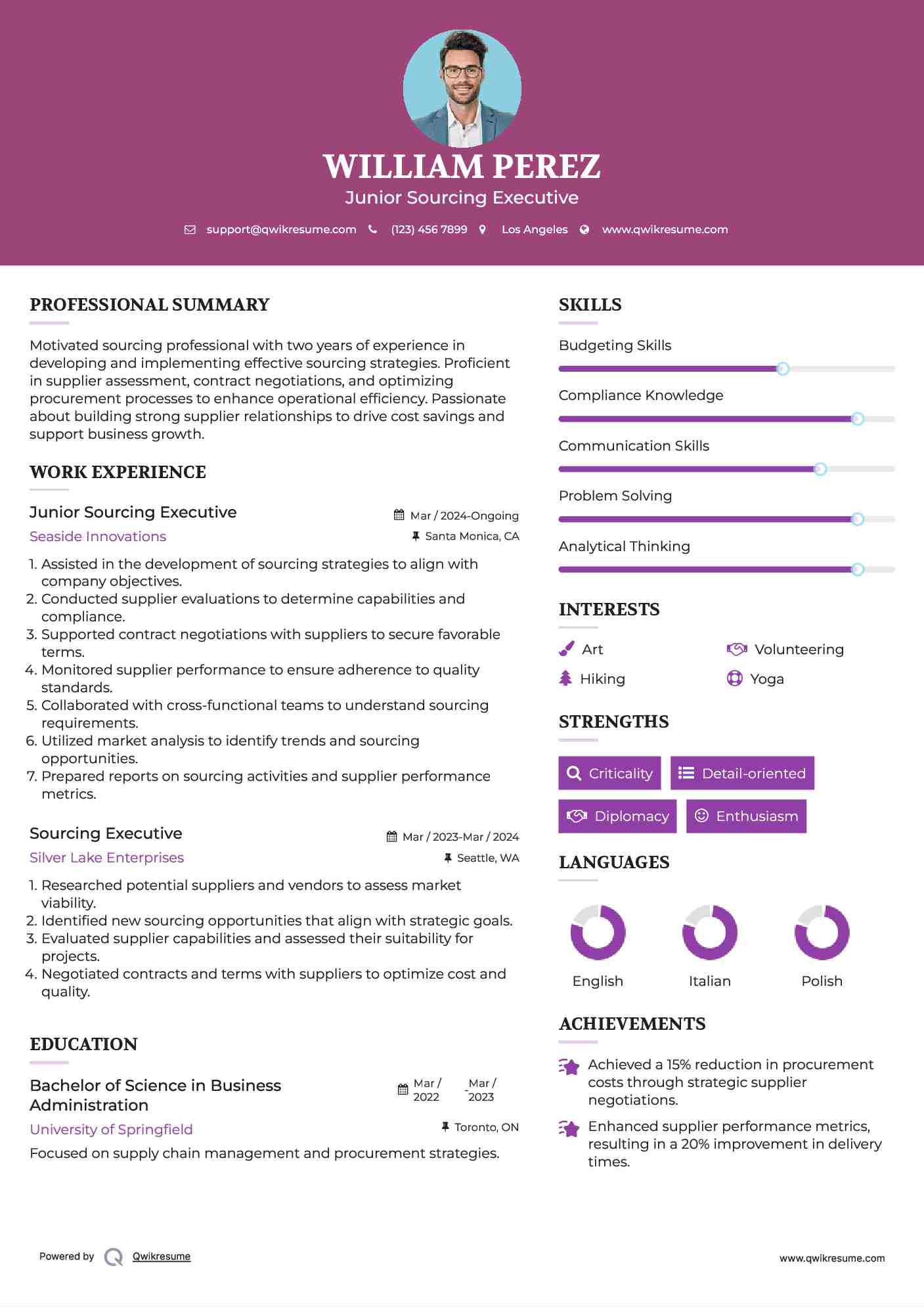 Junior Sourcing Executive Resume Sample