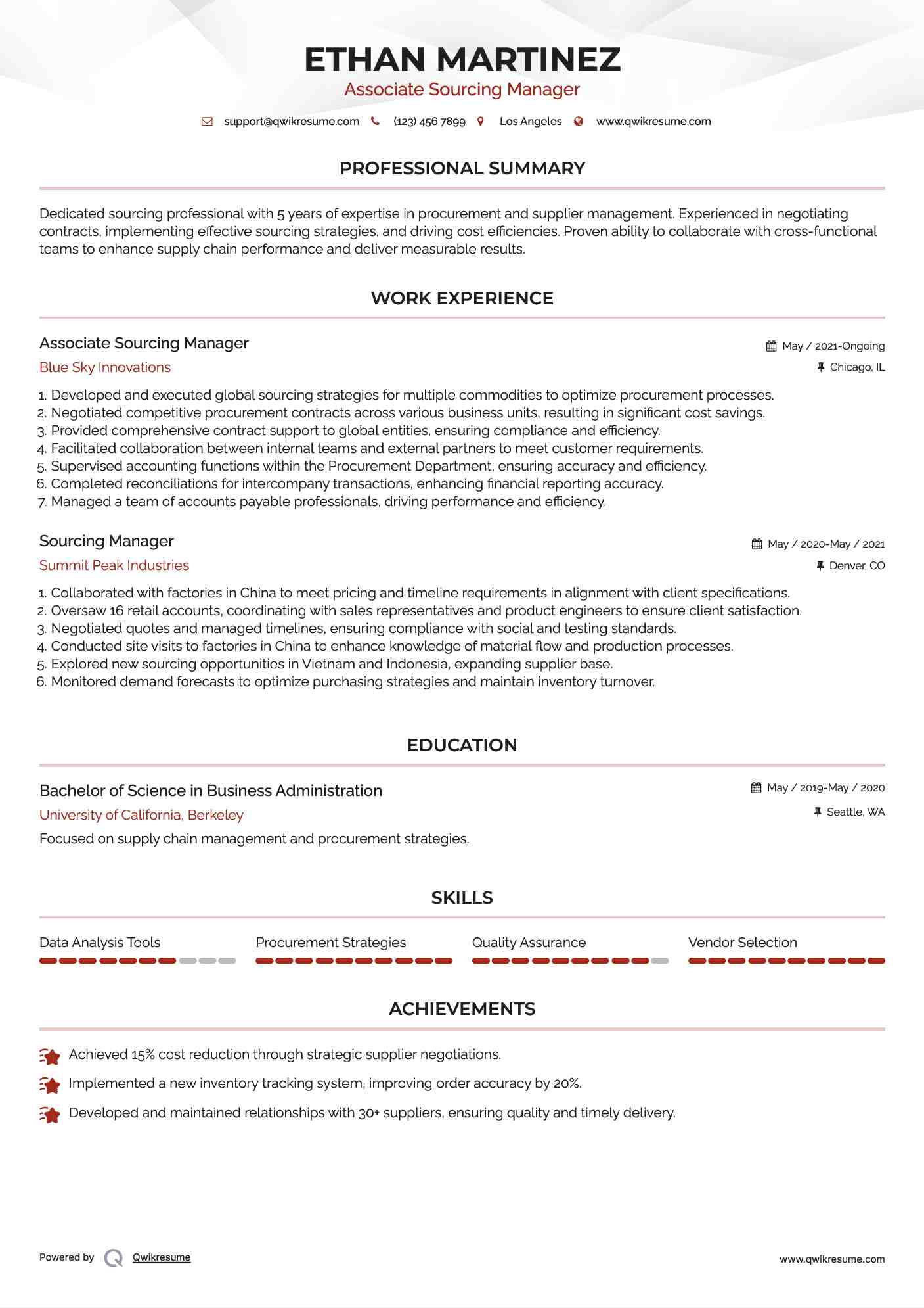 Associate Sourcing Manager Resume Template