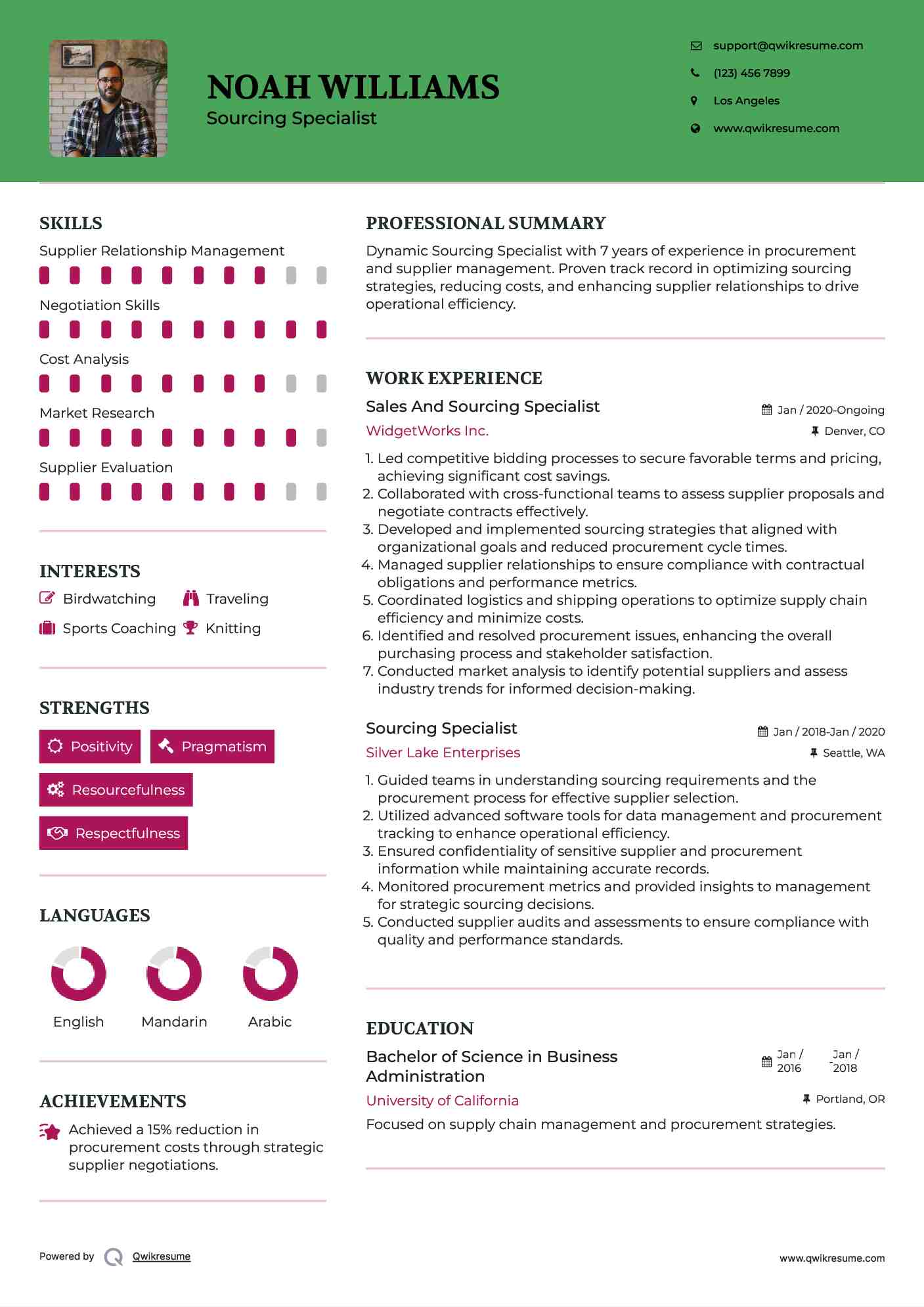 Sales And Sourcing Specialist Resume Model