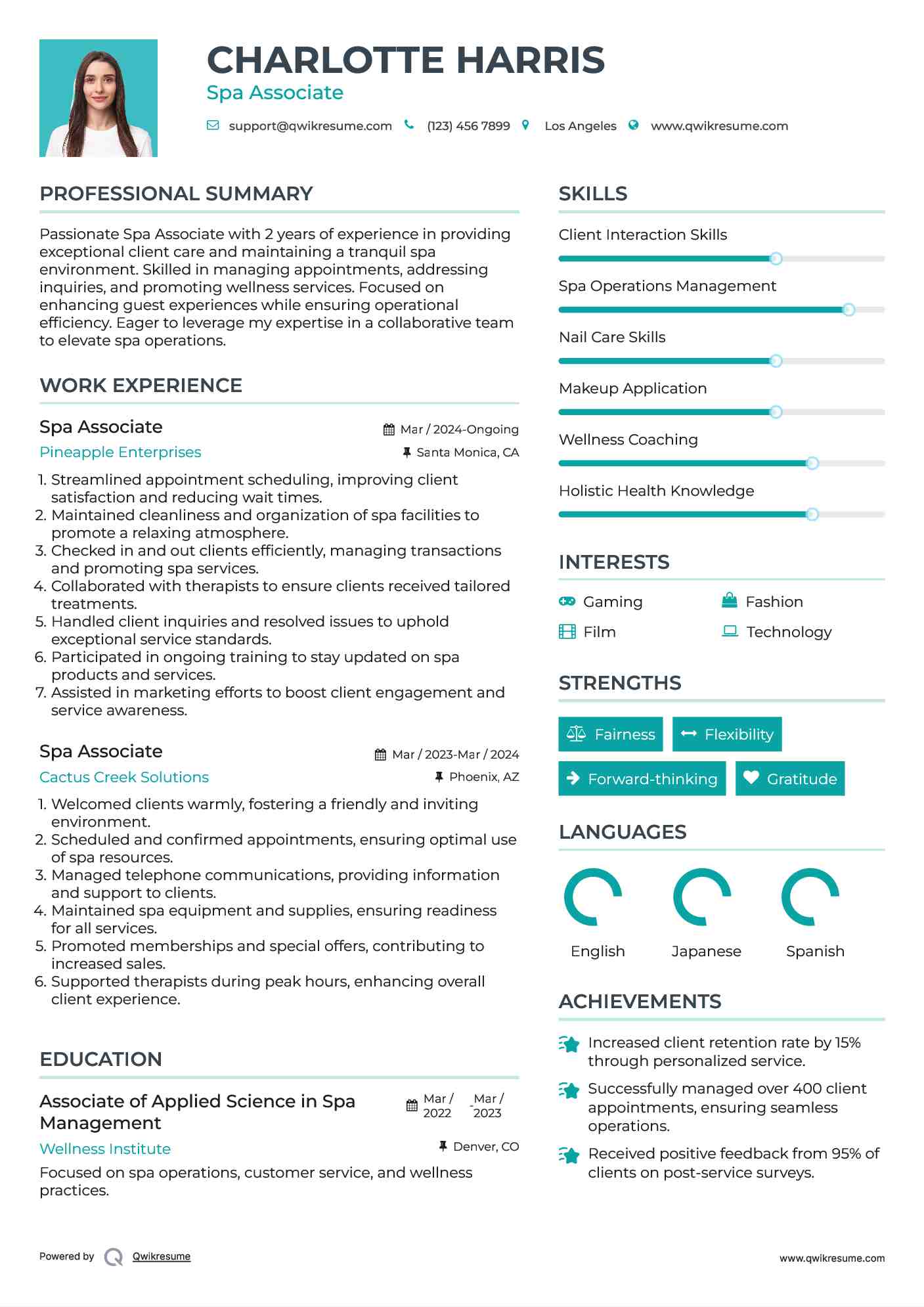 Spa Associate Resume Example