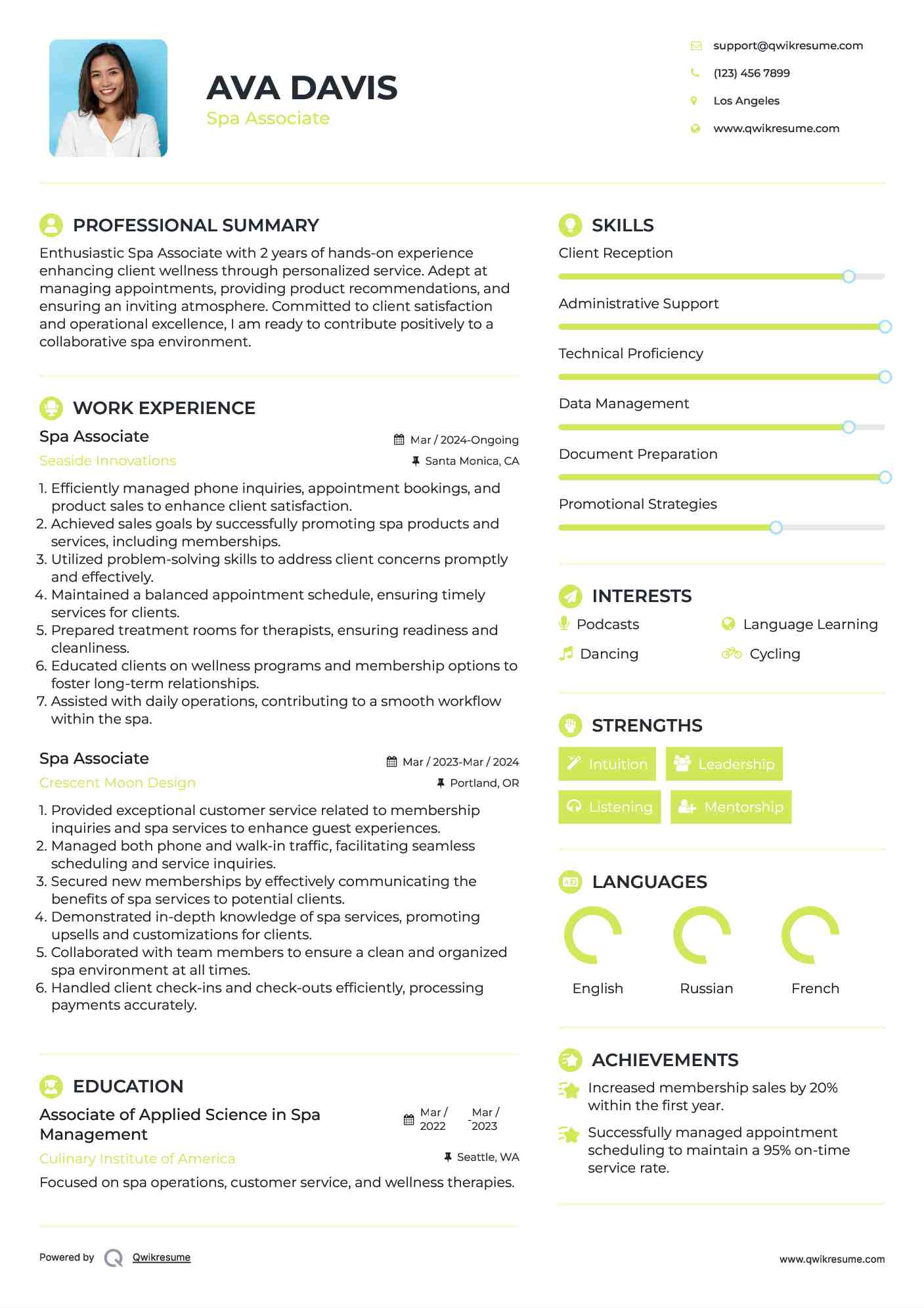 Spa Associate Resume Sample