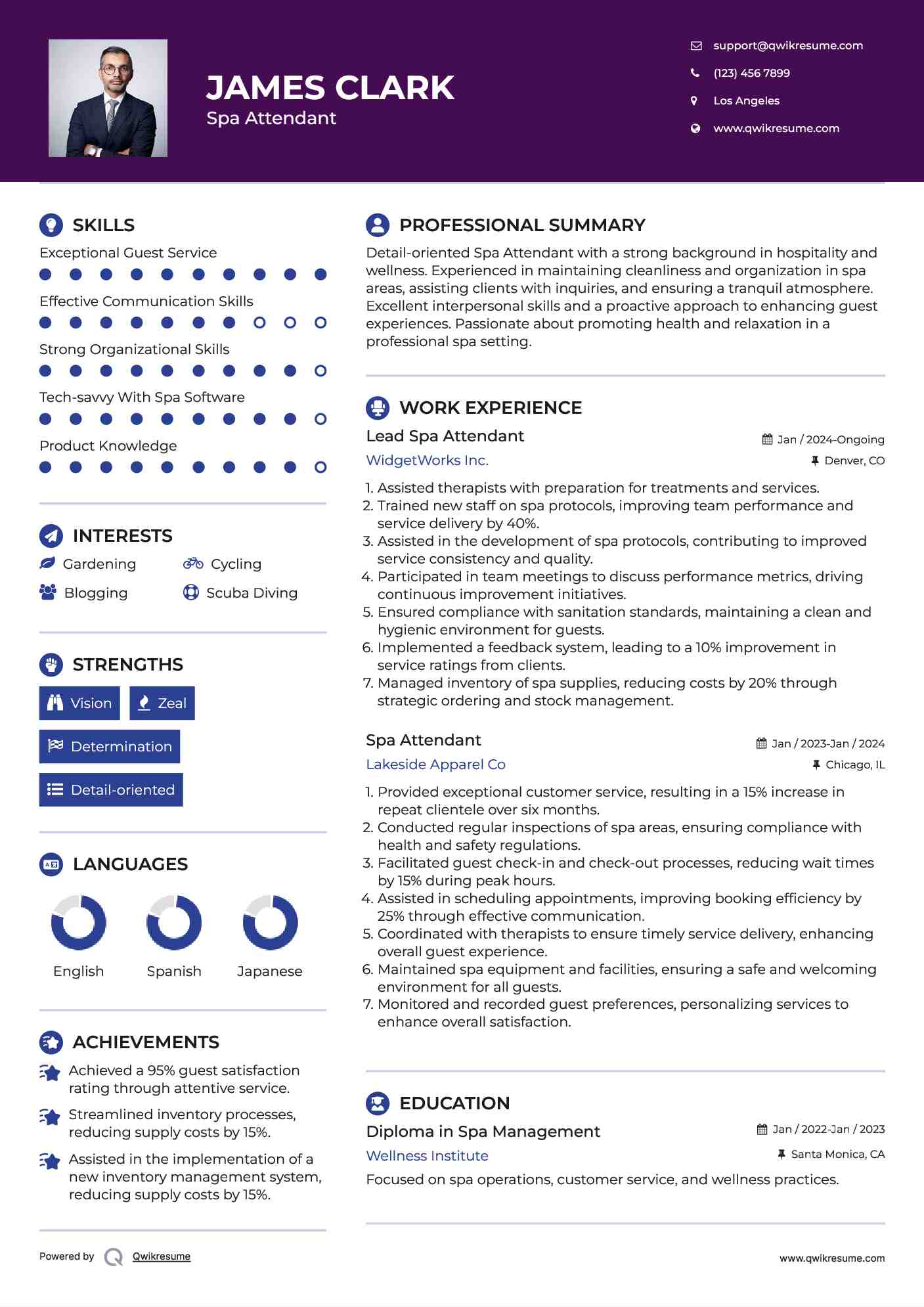 Spa Attendant Resume Samples QwikResume