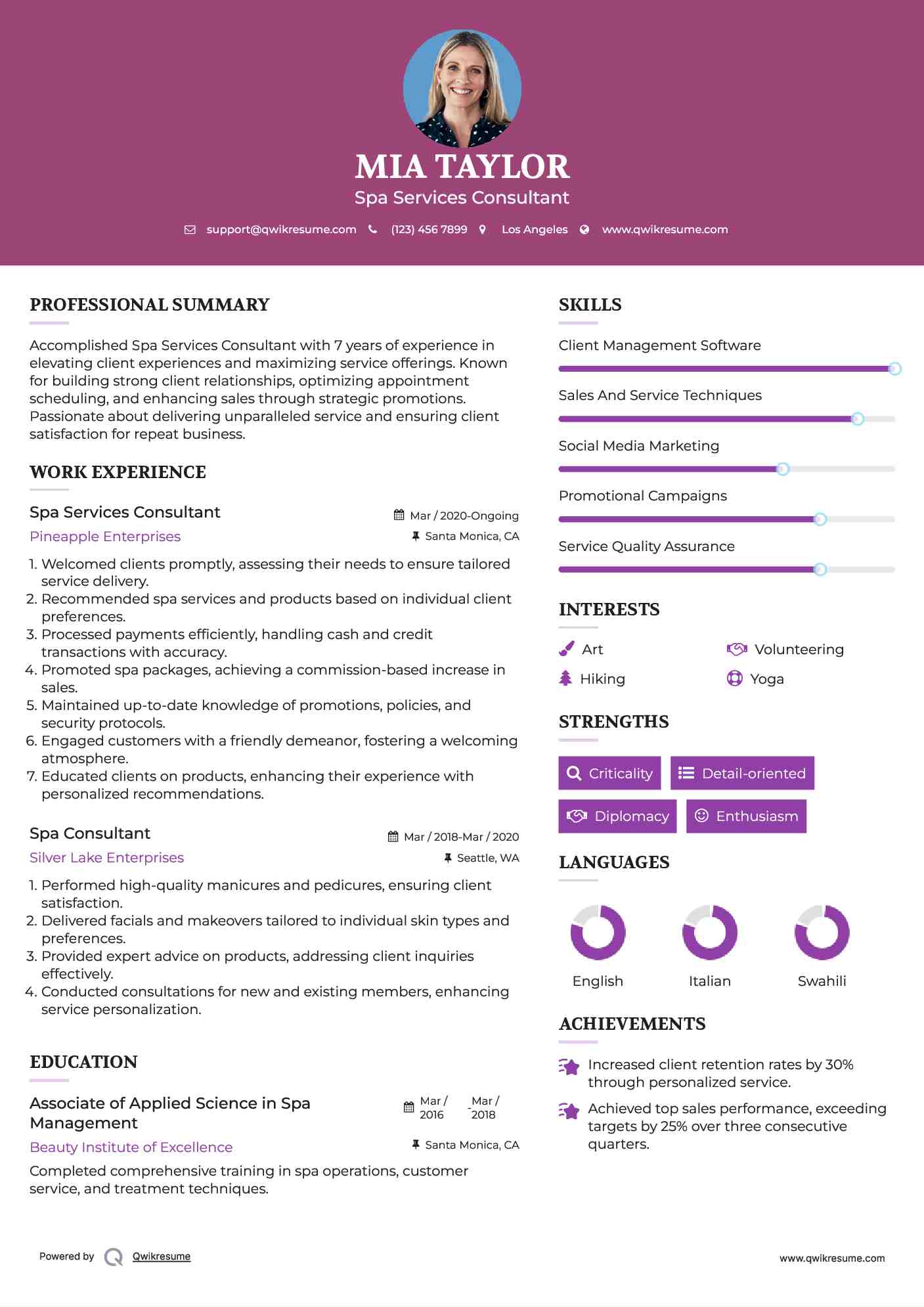 Spa Services Consultant Resume Example