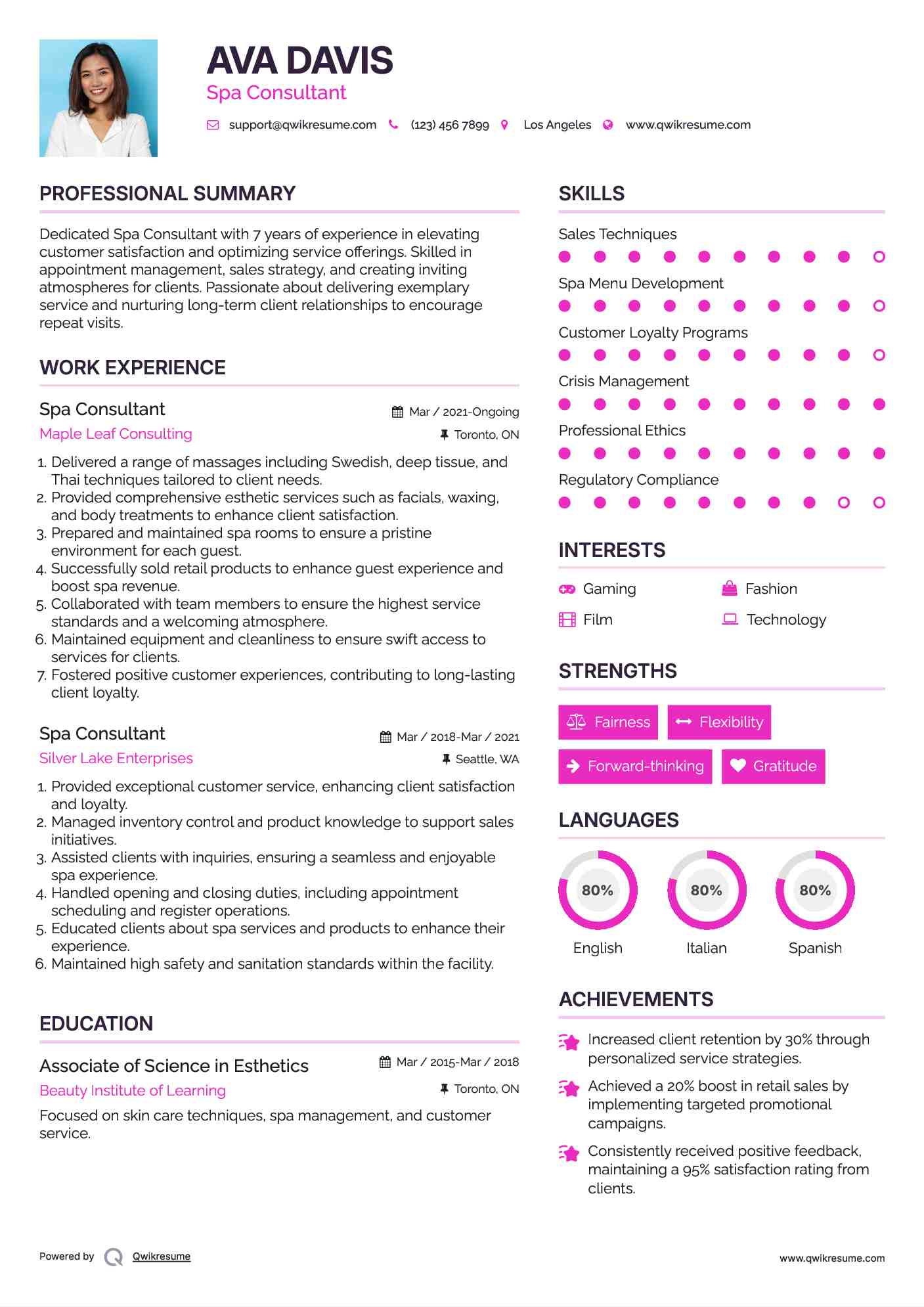 Spa Consultant Resume Sample