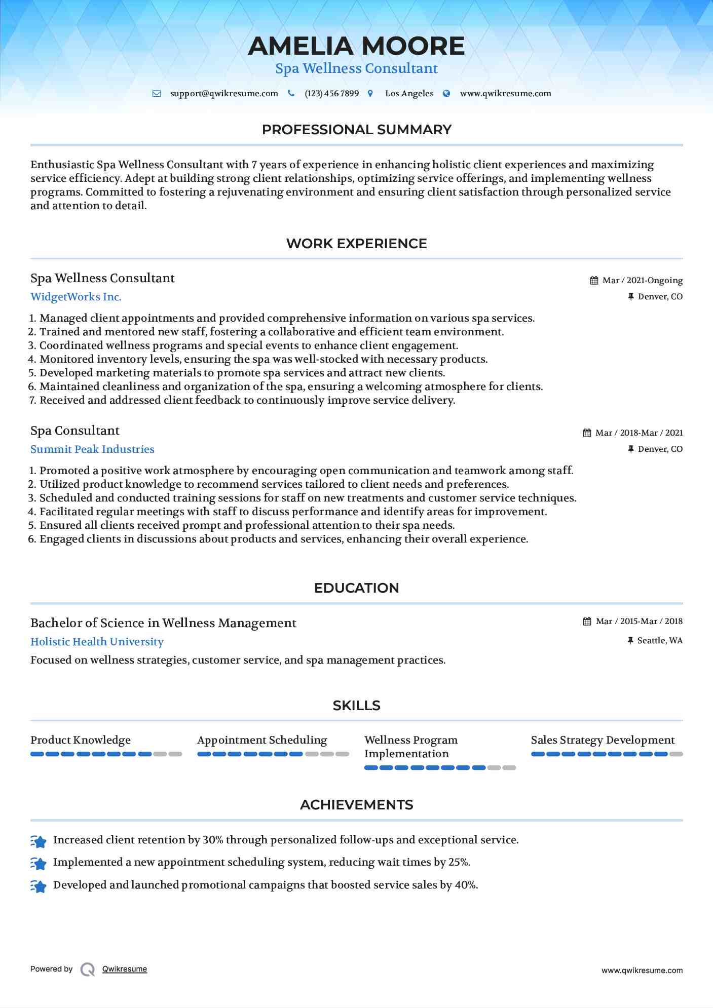 Spa Wellness Consultant Resume Example