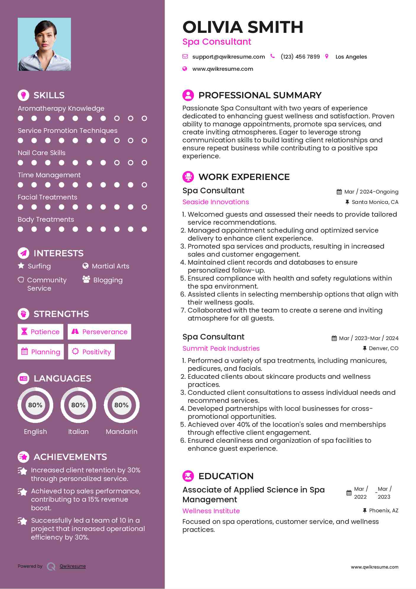 Spa Consultant Resume Sample