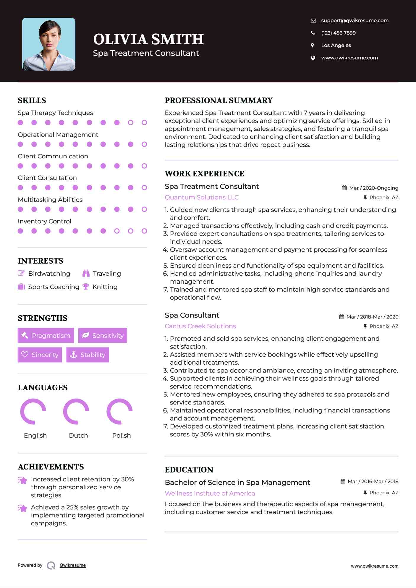 Spa Treatment Consultant Resume Model