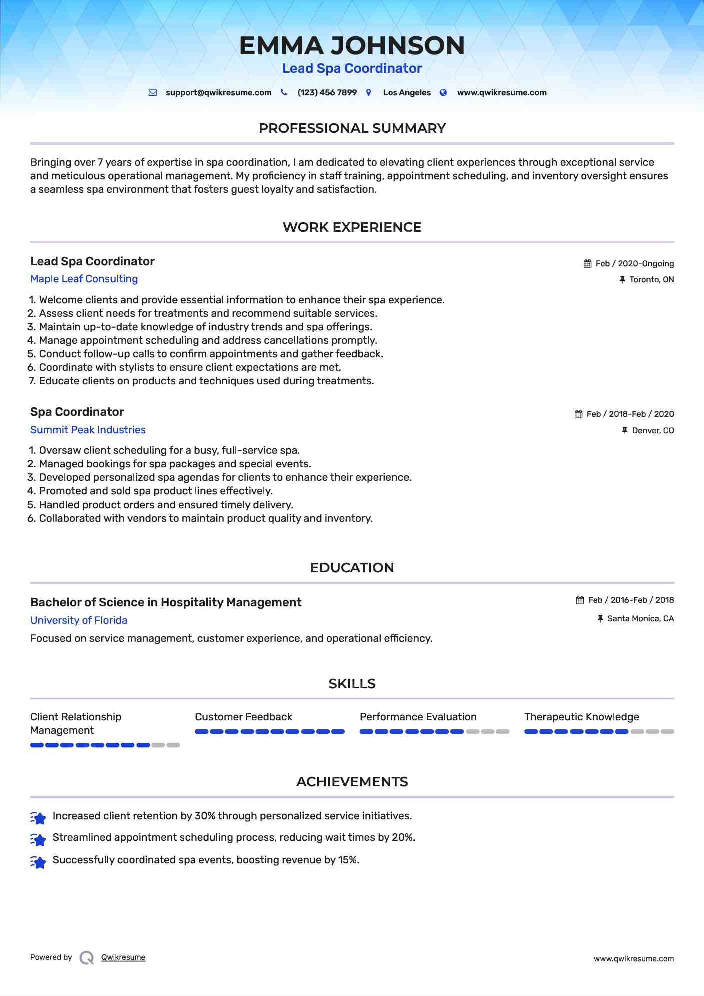 Lead Spa Coordinator Resume Format