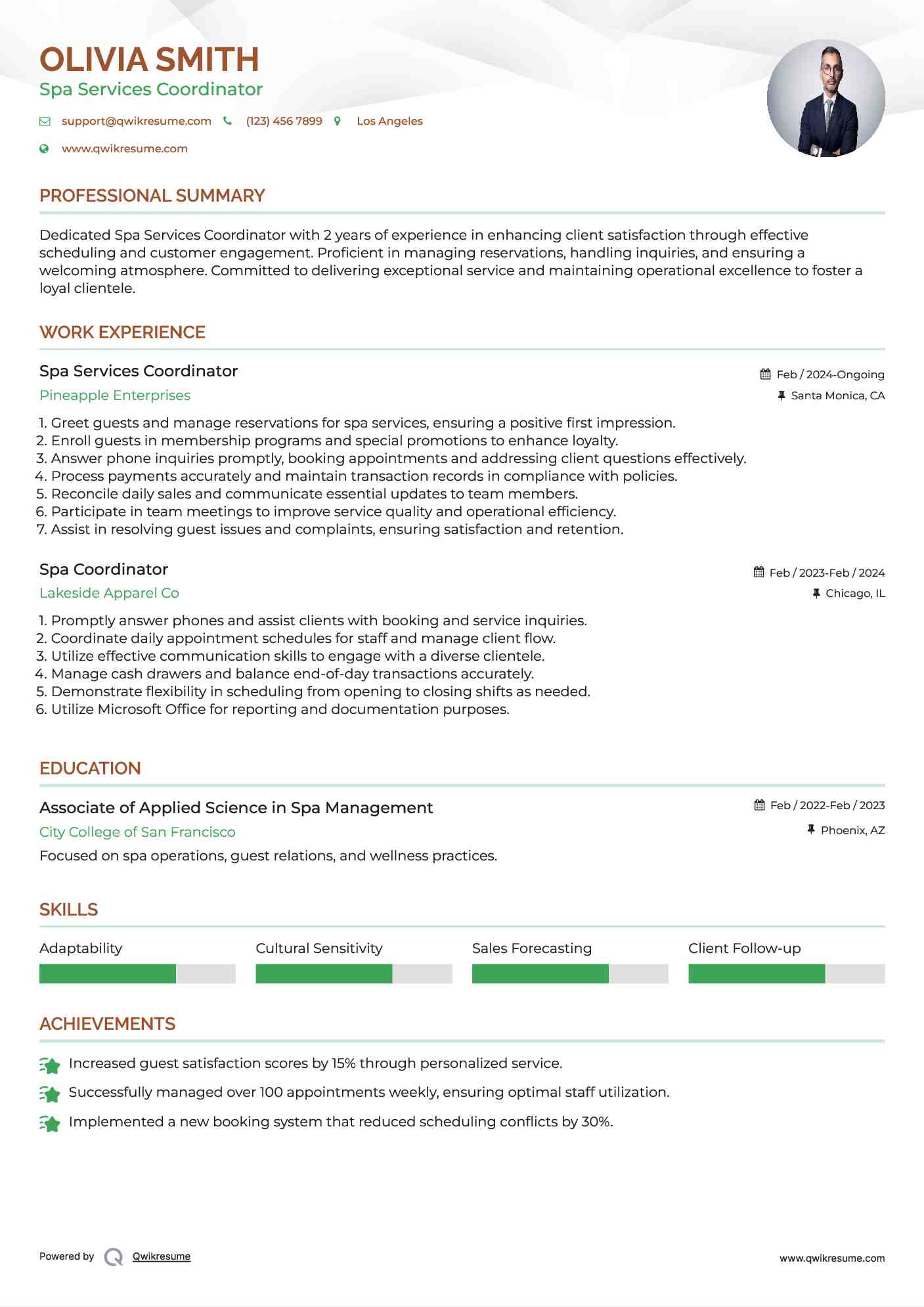 Spa Services Coordinator Resume Template