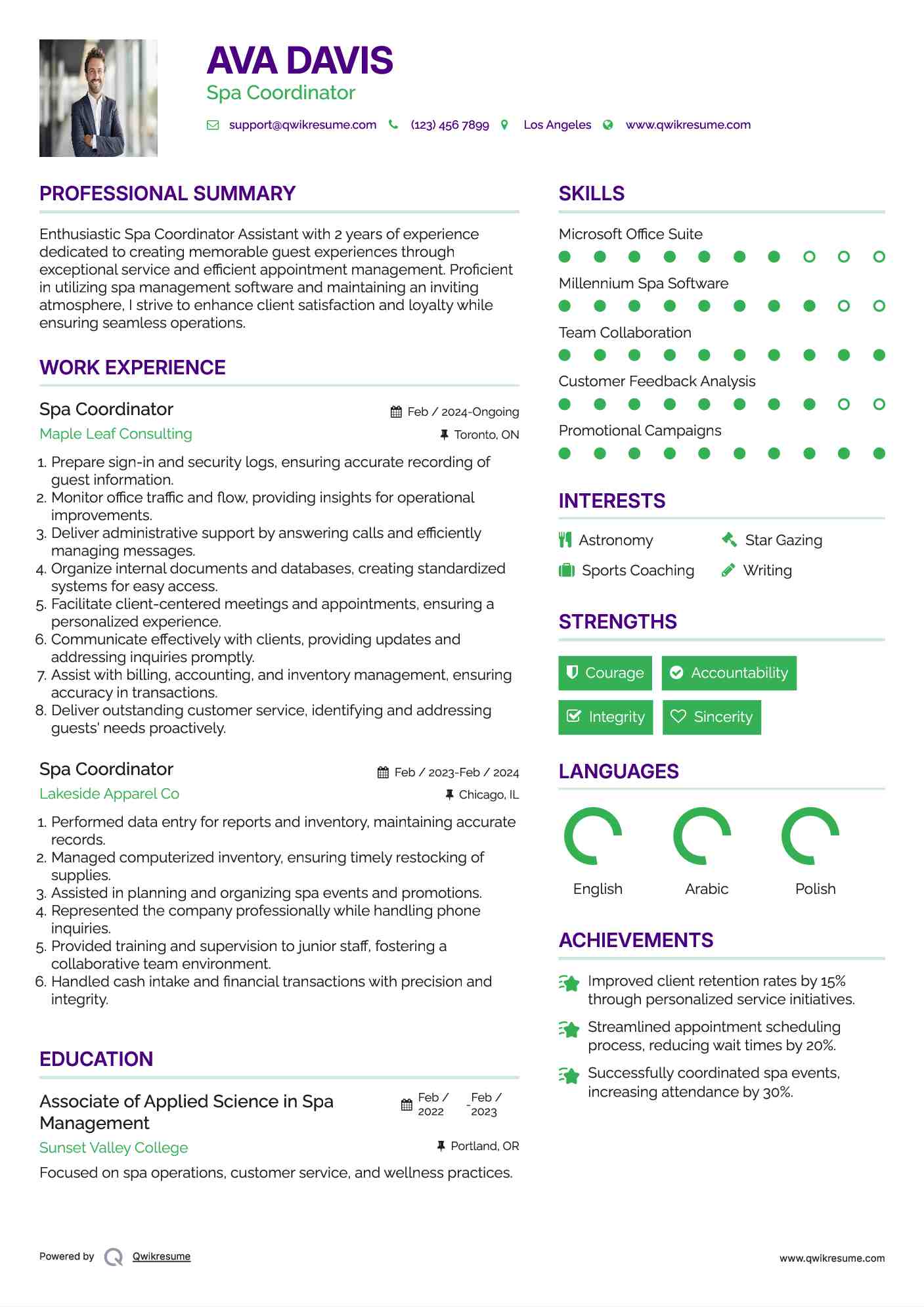 Spa Coordinator Resume Model