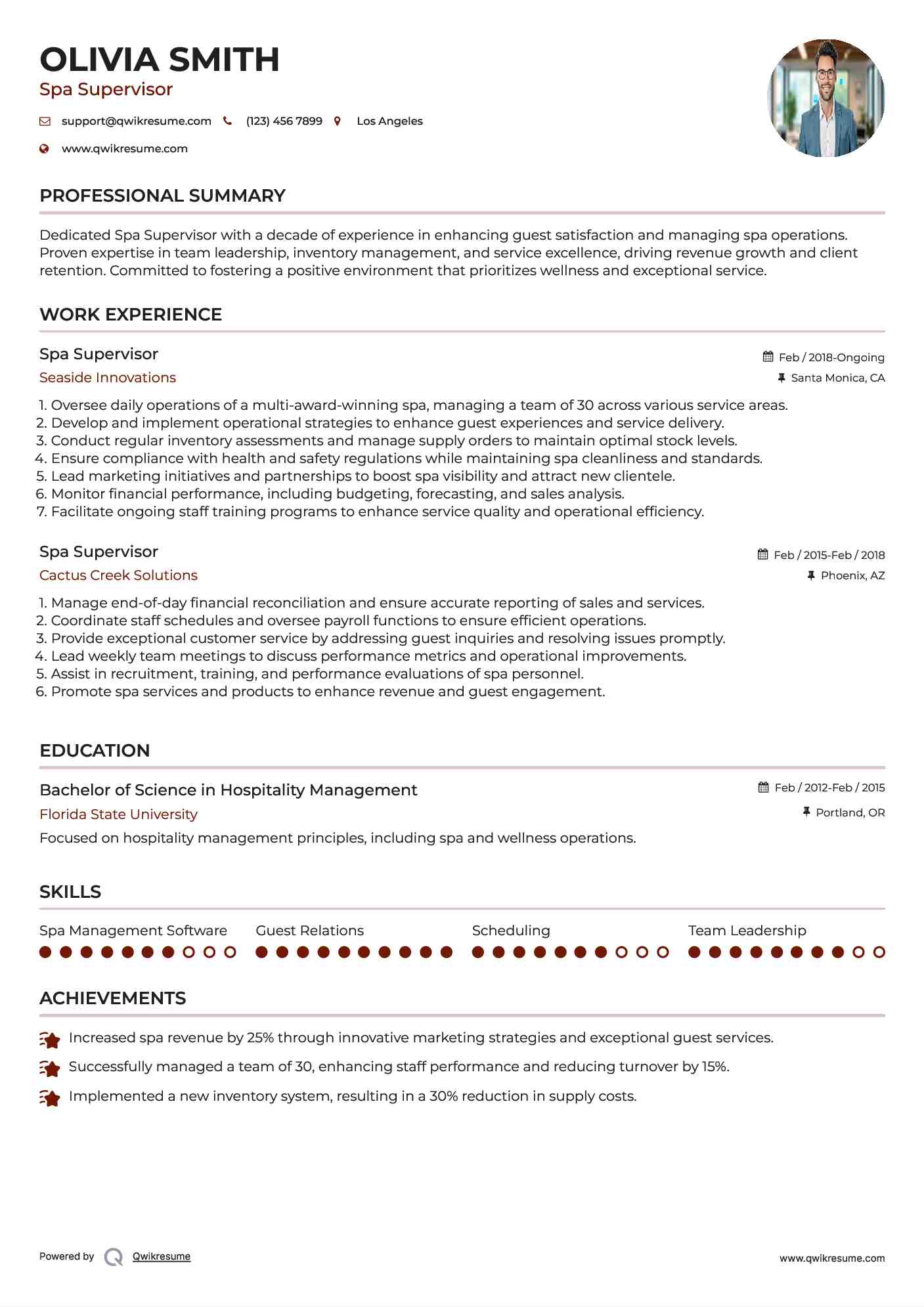 Spa Supervisor Resume Model