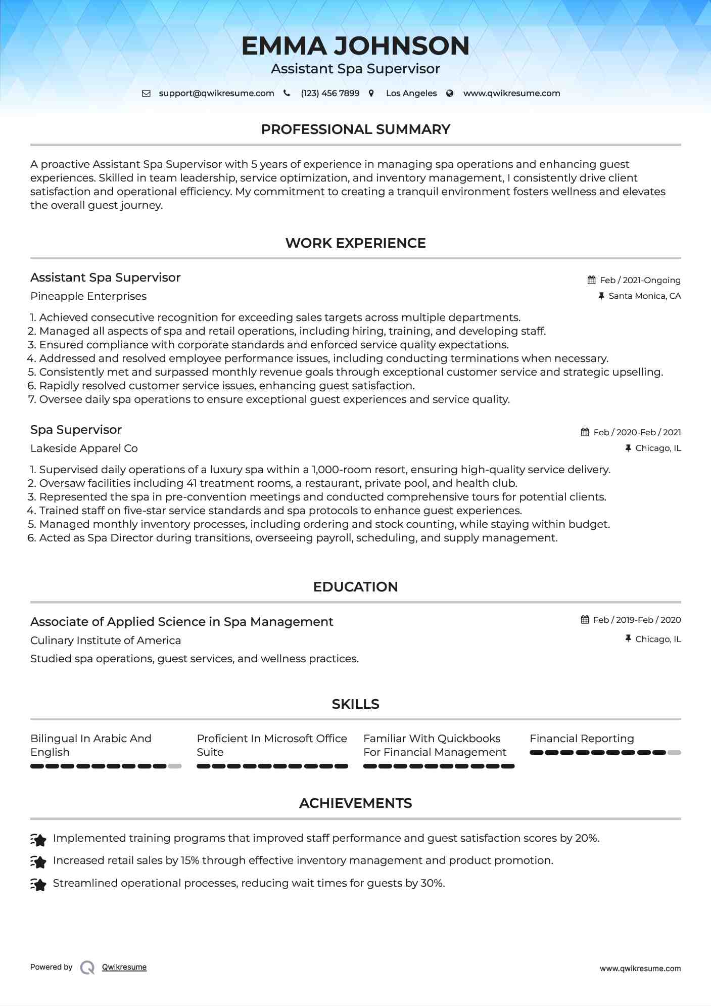 Assistant Spa Supervisor Resume Sample