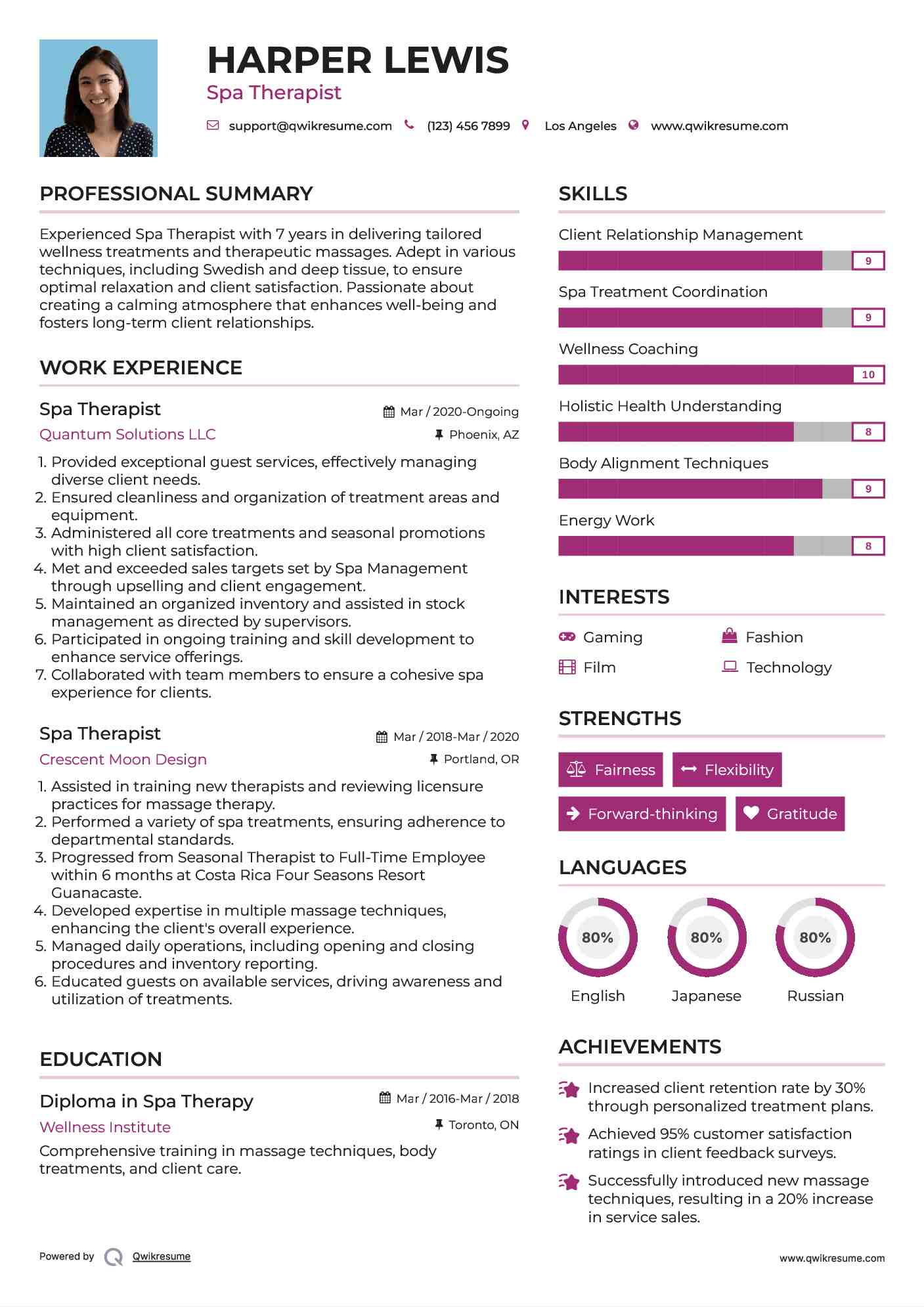Spa Therapist Resume Example