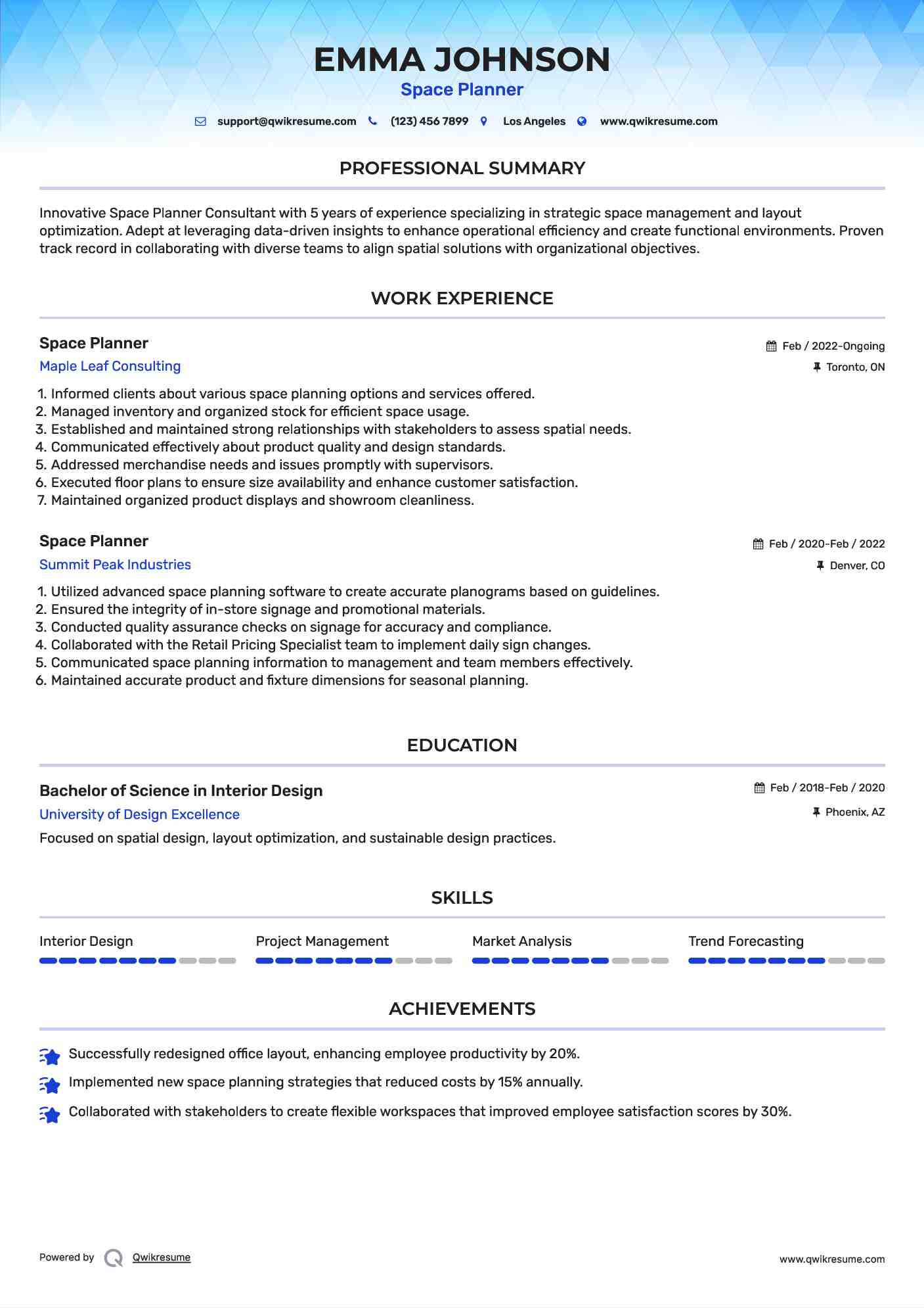 Space Planner Resume Model