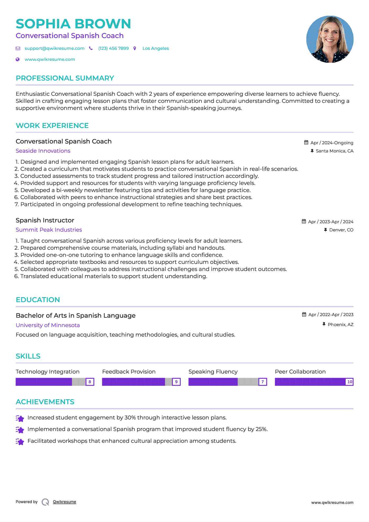 Conversational Spanish Coach Resume Format