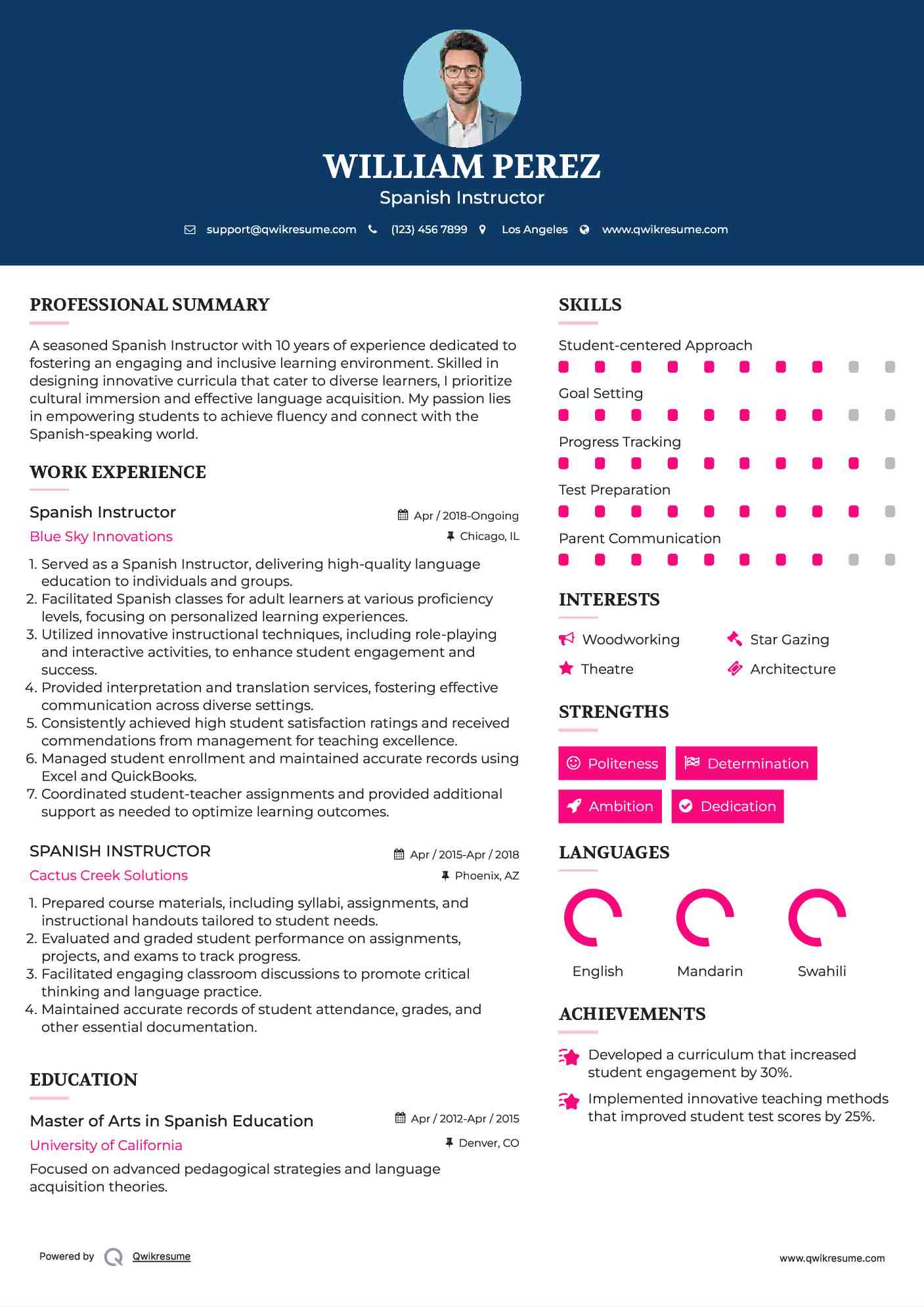Spanish Instructor Resume Format