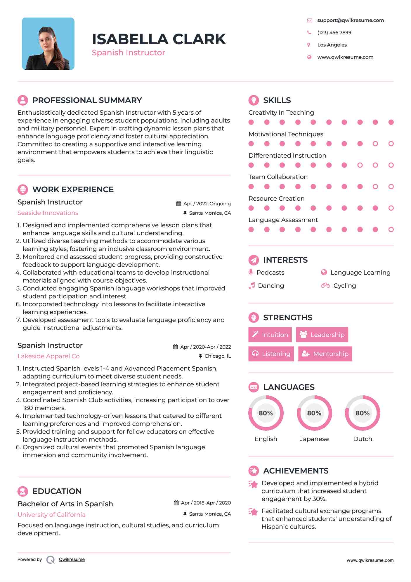 Spanish Instructor Resume Template