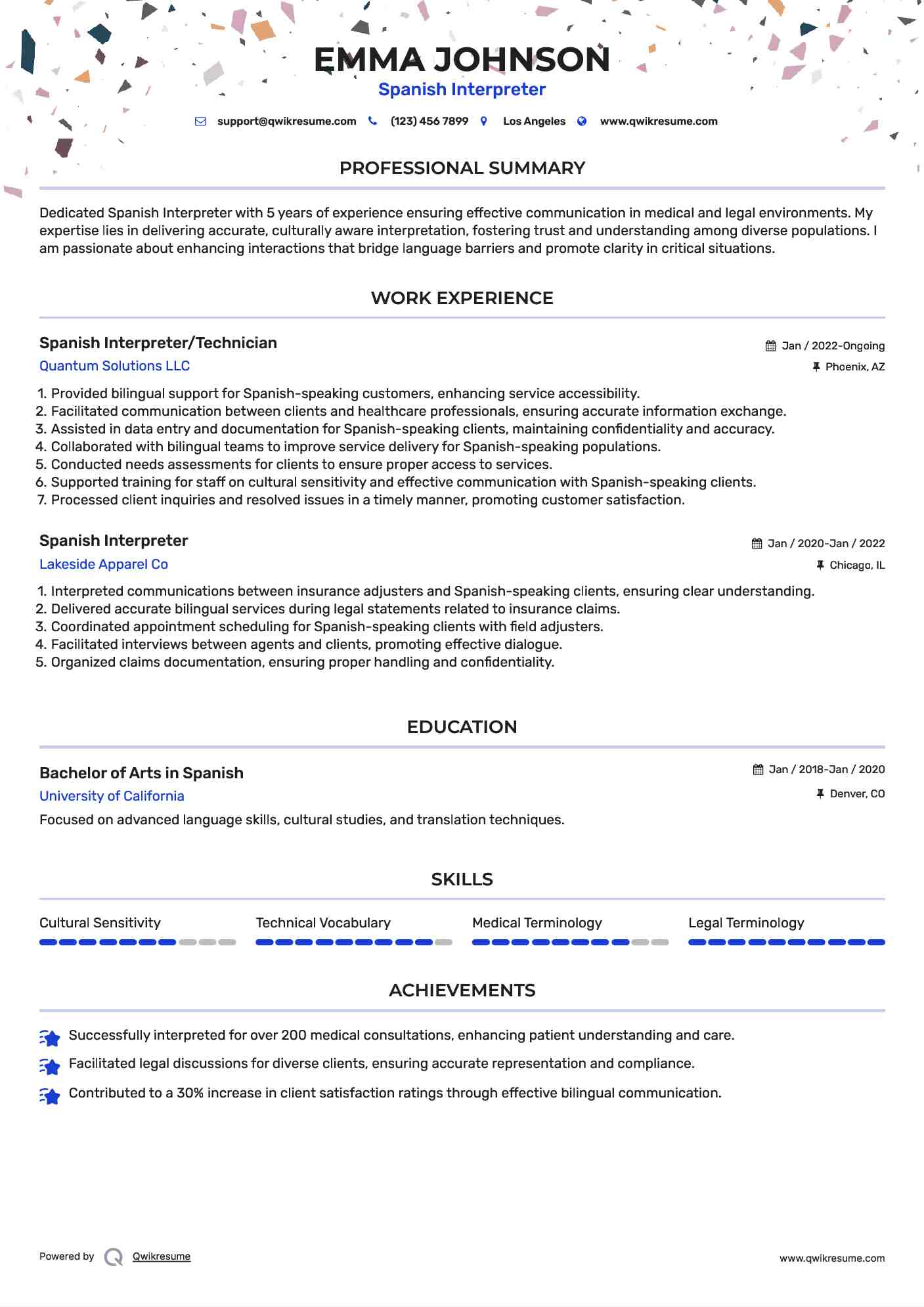 Spanish Interpreter/Technician Resume Template