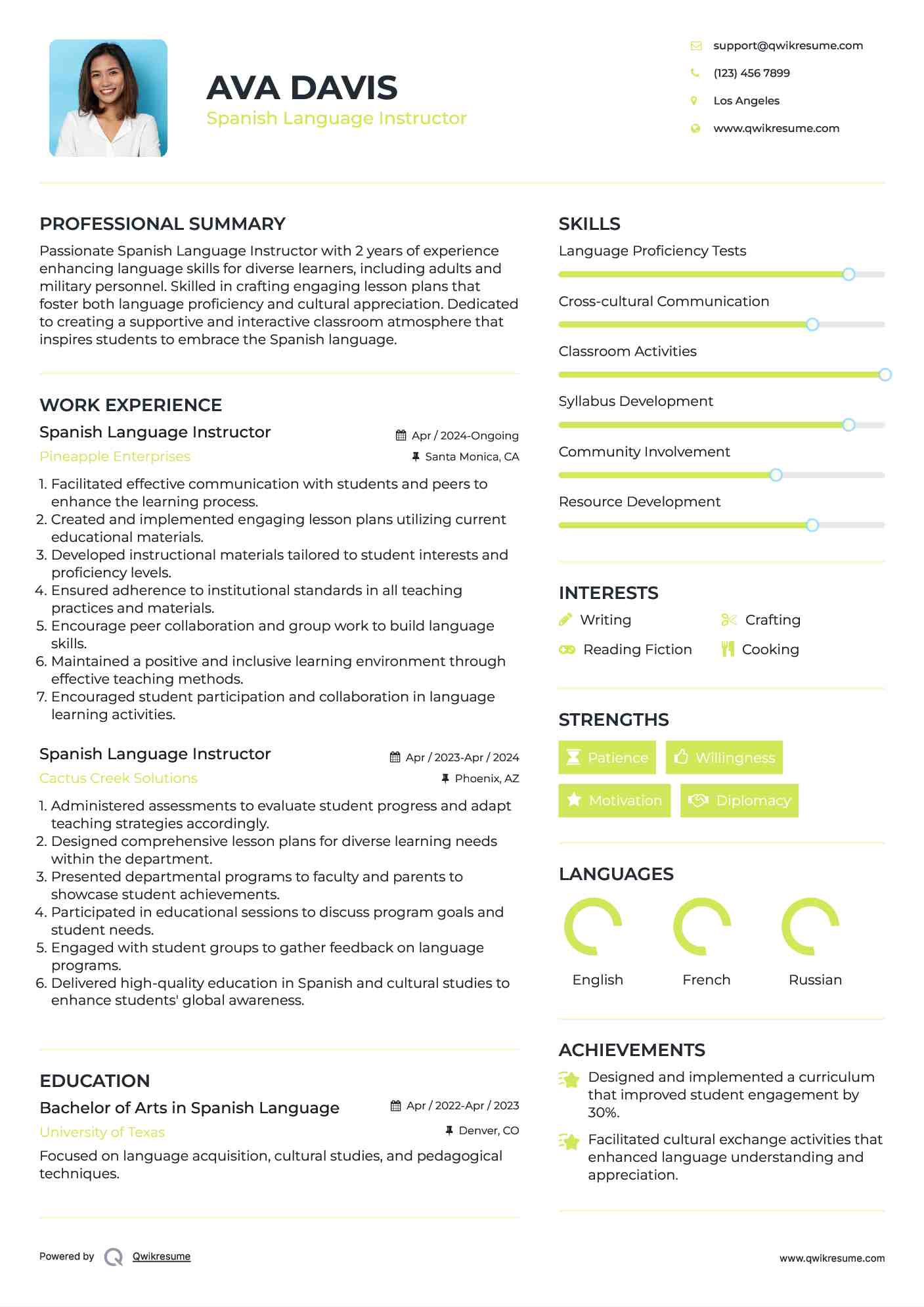 Spanish Language Instructor Resume Template