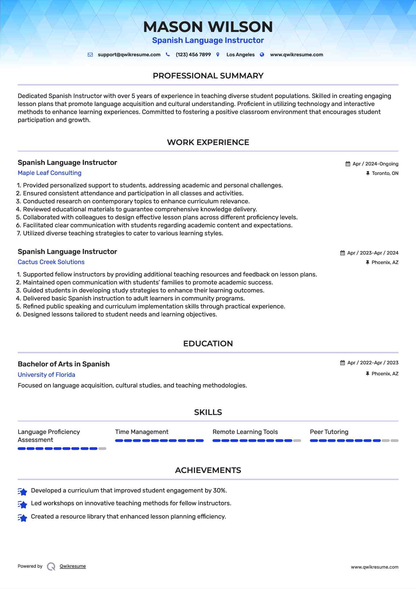 Spanish Language Instructor Resume Model