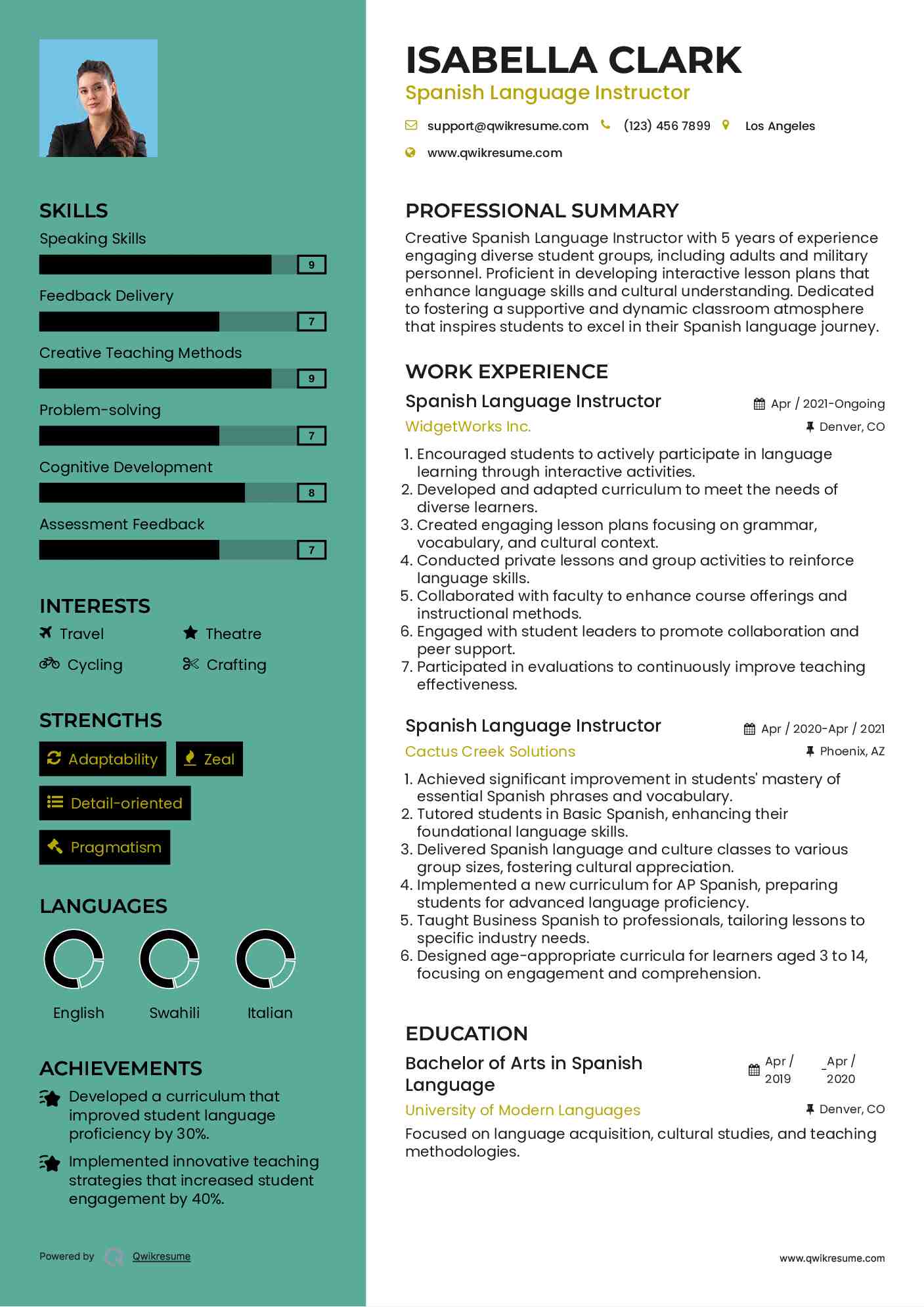 Spanish Language Instructor Resume Example